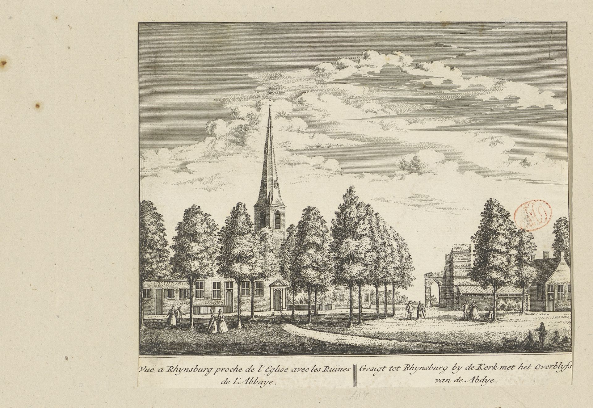 Gezicht op de kerk en de ruïne van de abdij te Rijnsburg by Abraham Rademaker