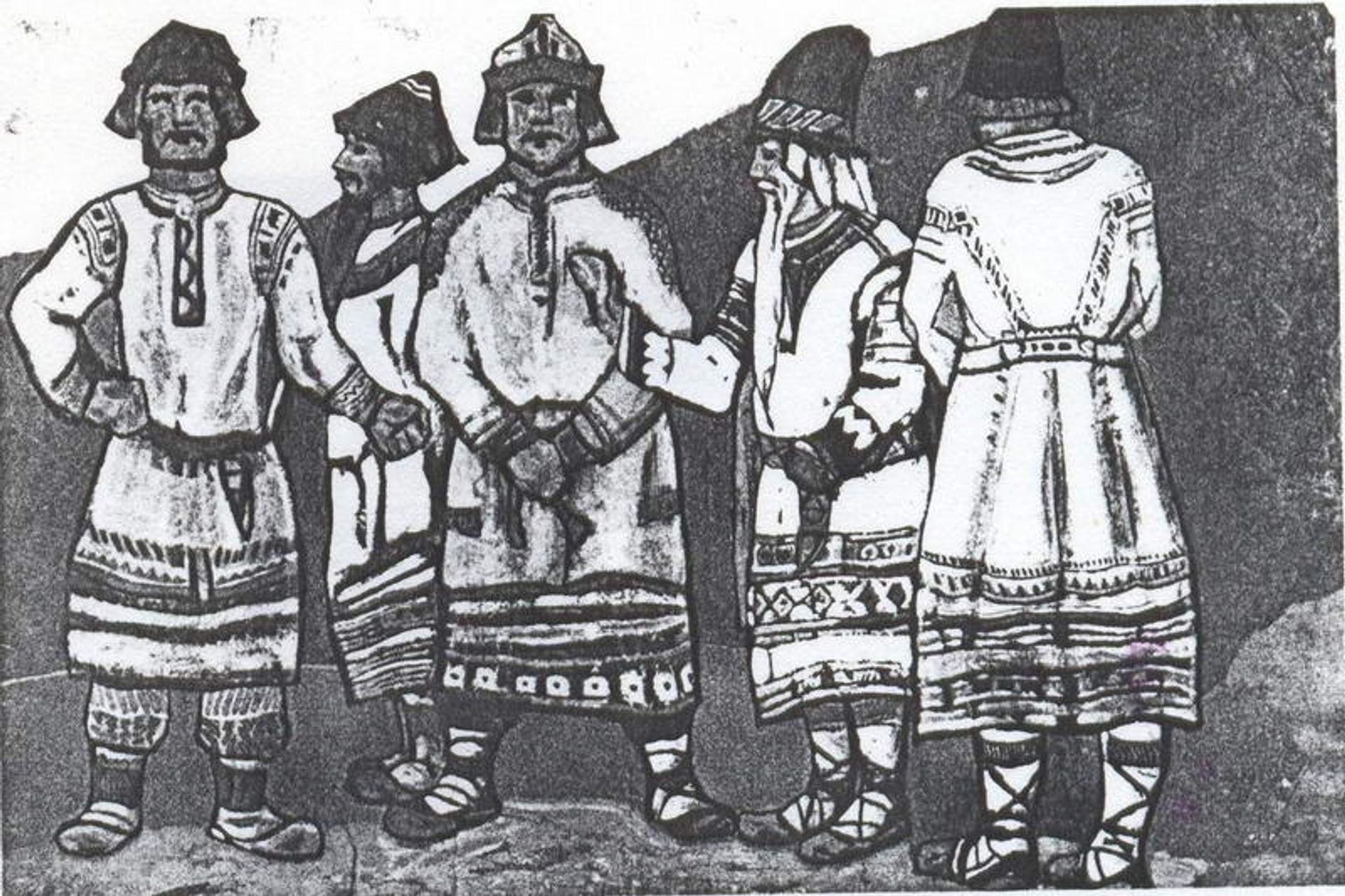 The scene with five figures in costumes by Nicholas Roerich