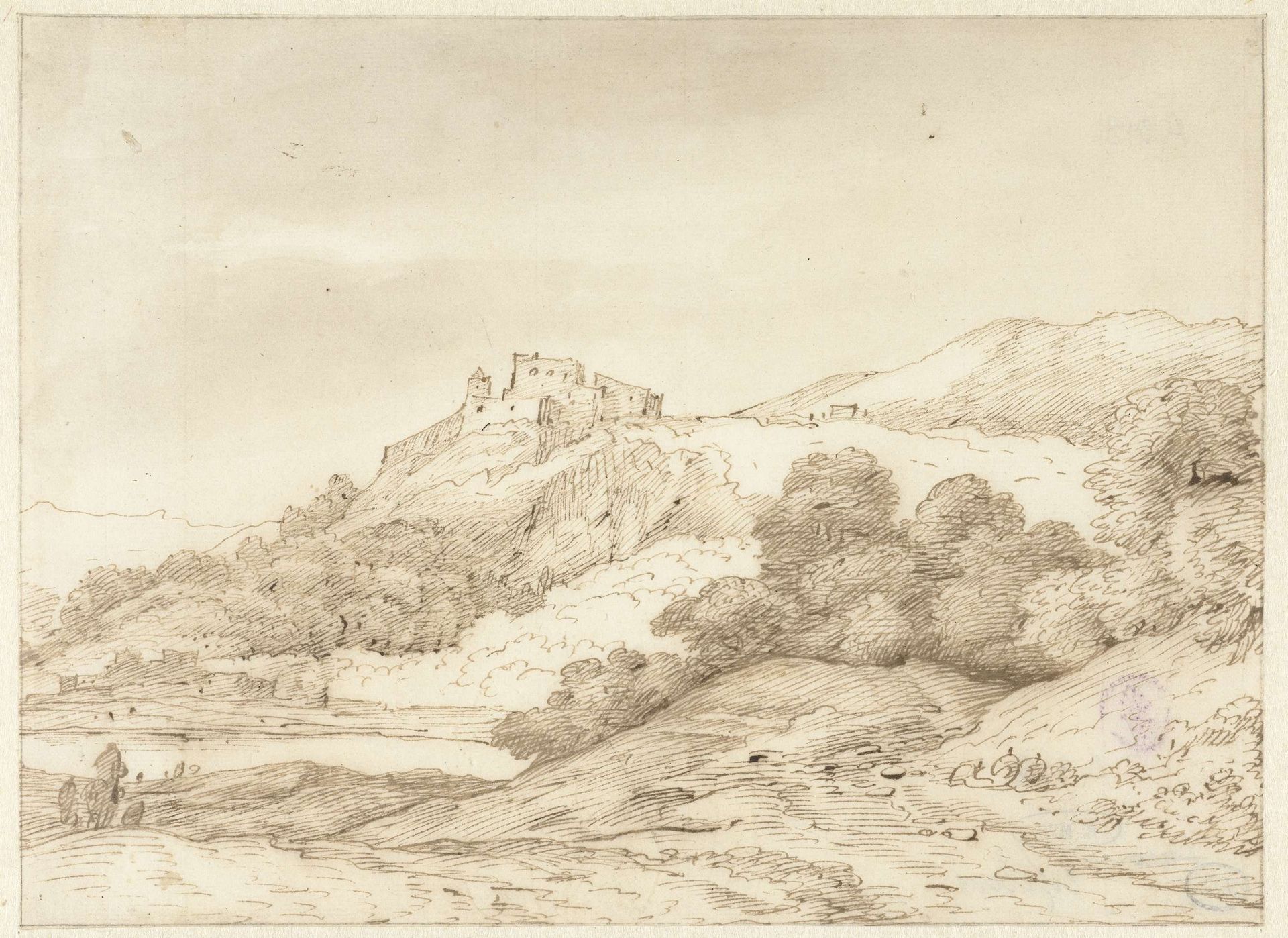 Bergachtig landschap met een kasteel op een heuvel by Jacob Esselens