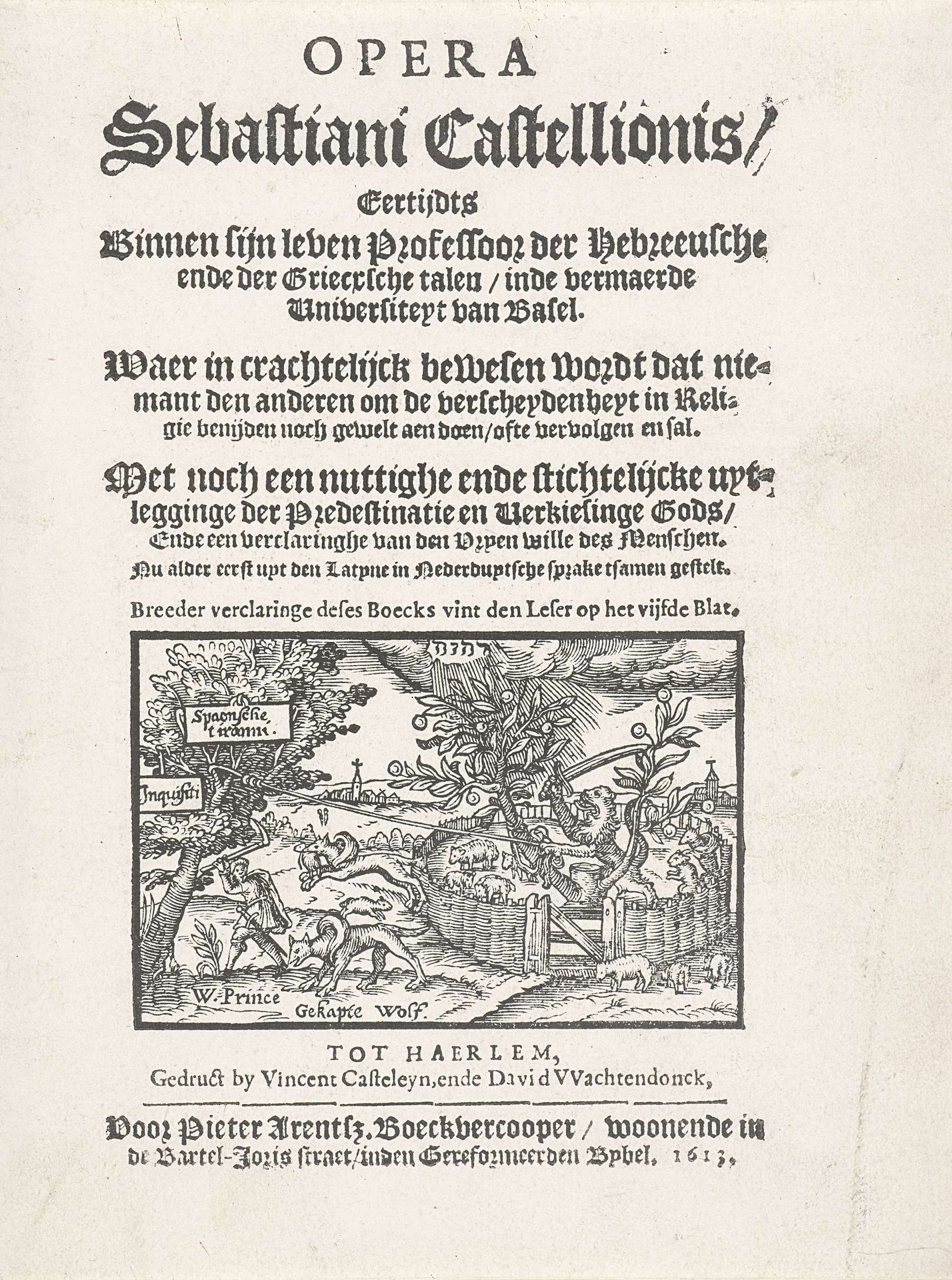 Titelprent van: Opera van Sebastianus Castellio met een vignet van de Hollandse Tuin, 1613 by Anonymous
