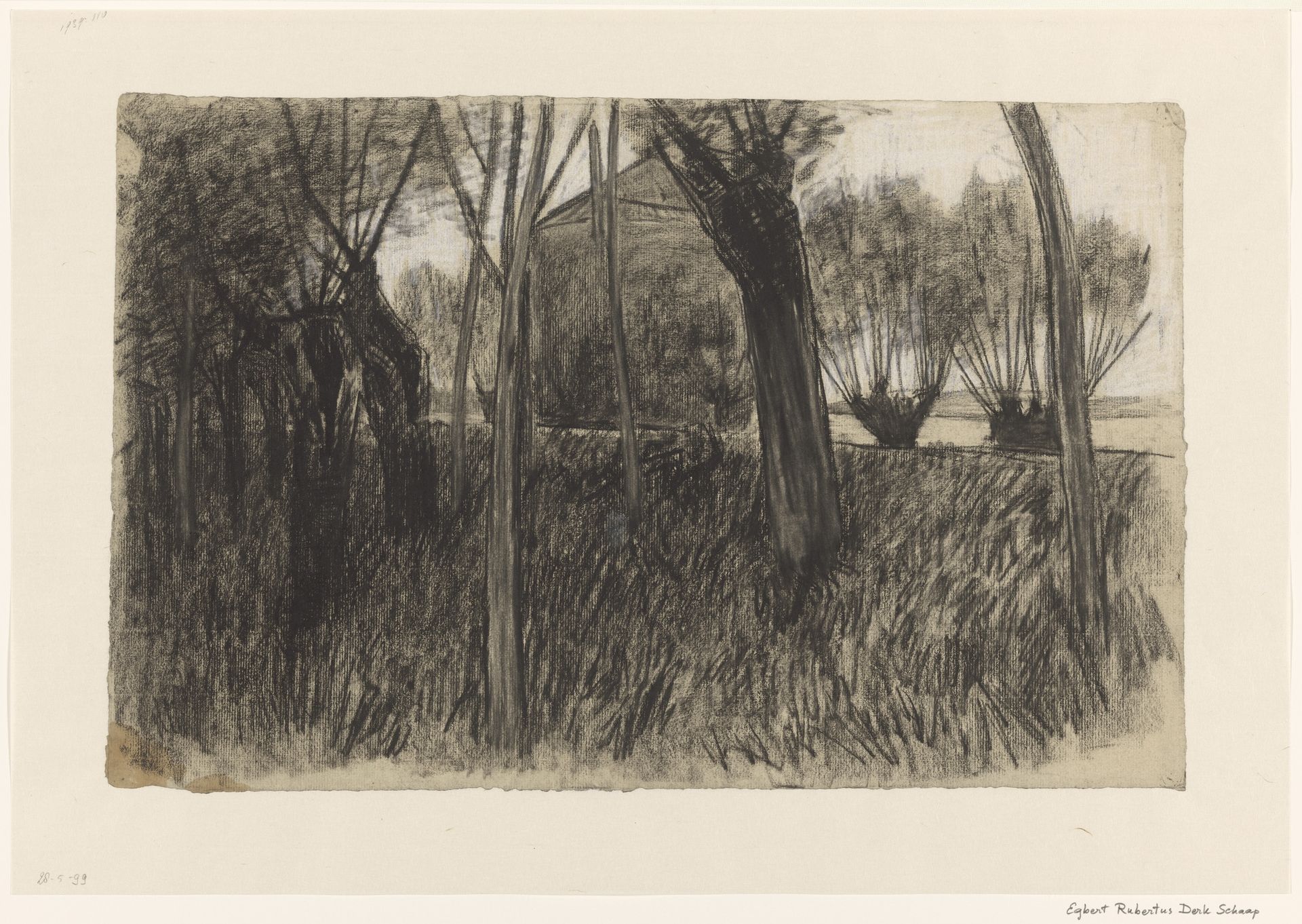 Gezicht door bomen op een hooischuur by Egbert Rubertus Derk Schaap