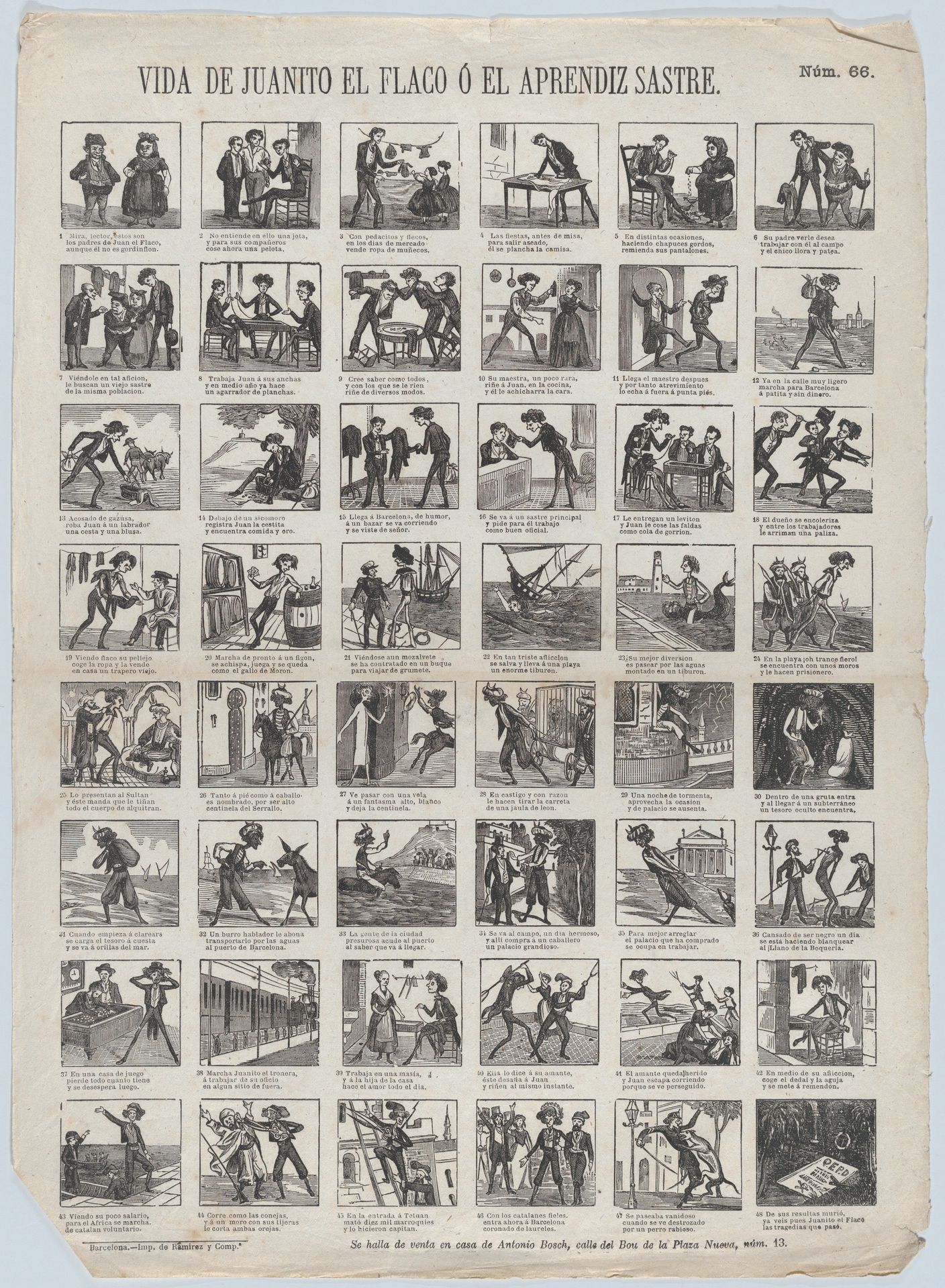 Broadside with 48 scenes relating to the life of Juanito the Skinny one, or, the apprentice tailor by Antonio Bosch