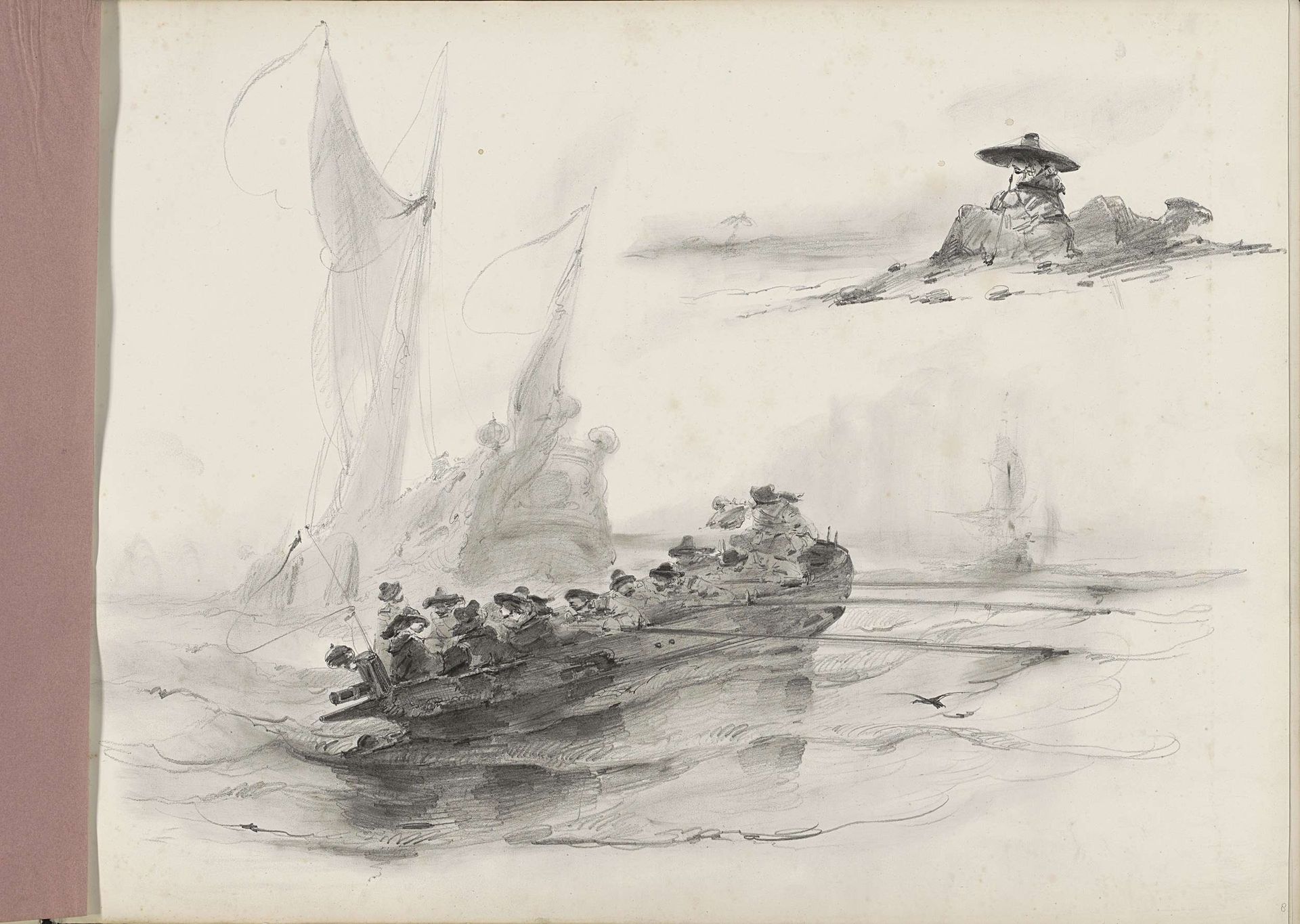 Roeiboot met figuren bij een tweemaster by Albertus van Beest