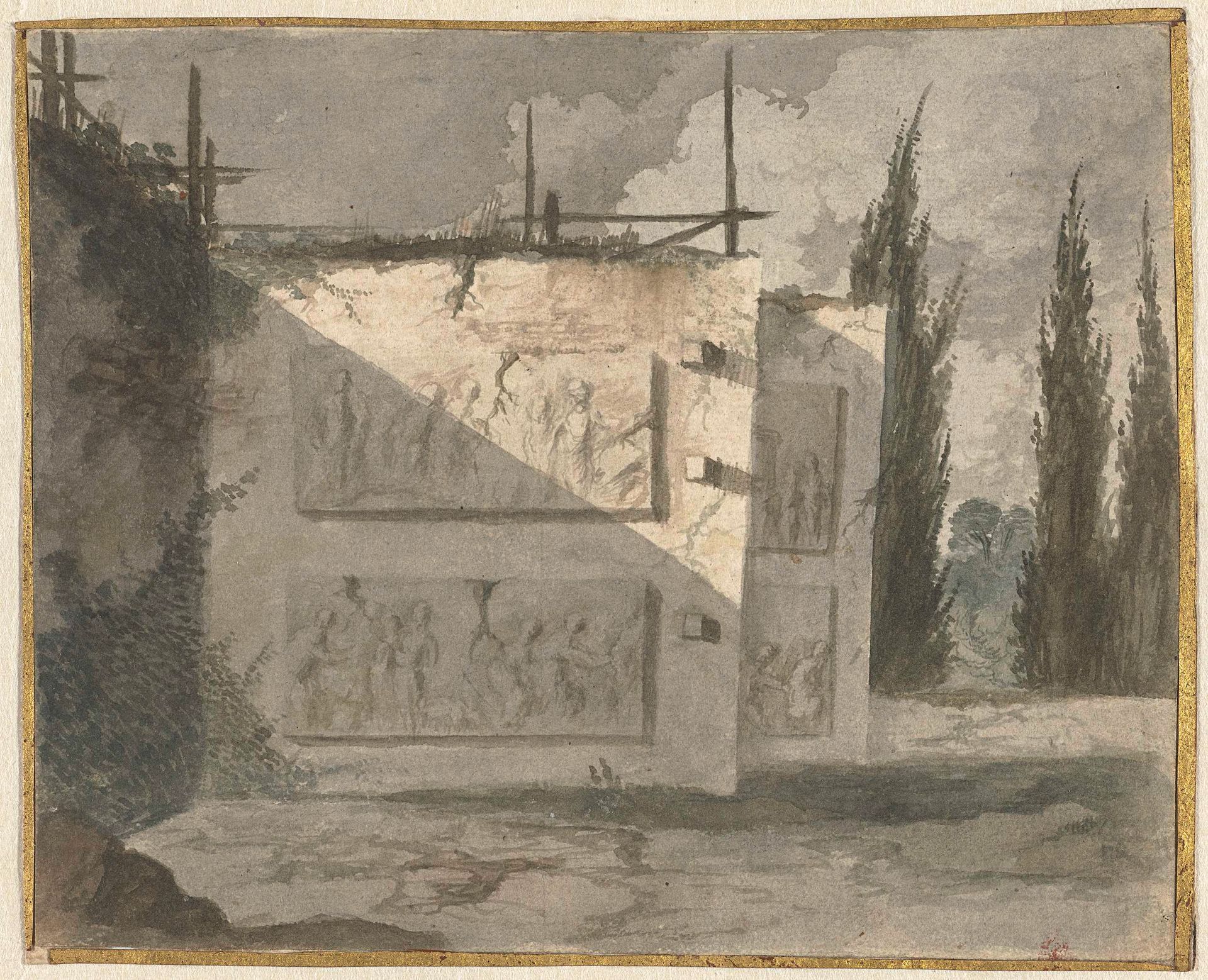 Landschap met muur en basreliefs by Cavalier Cosse