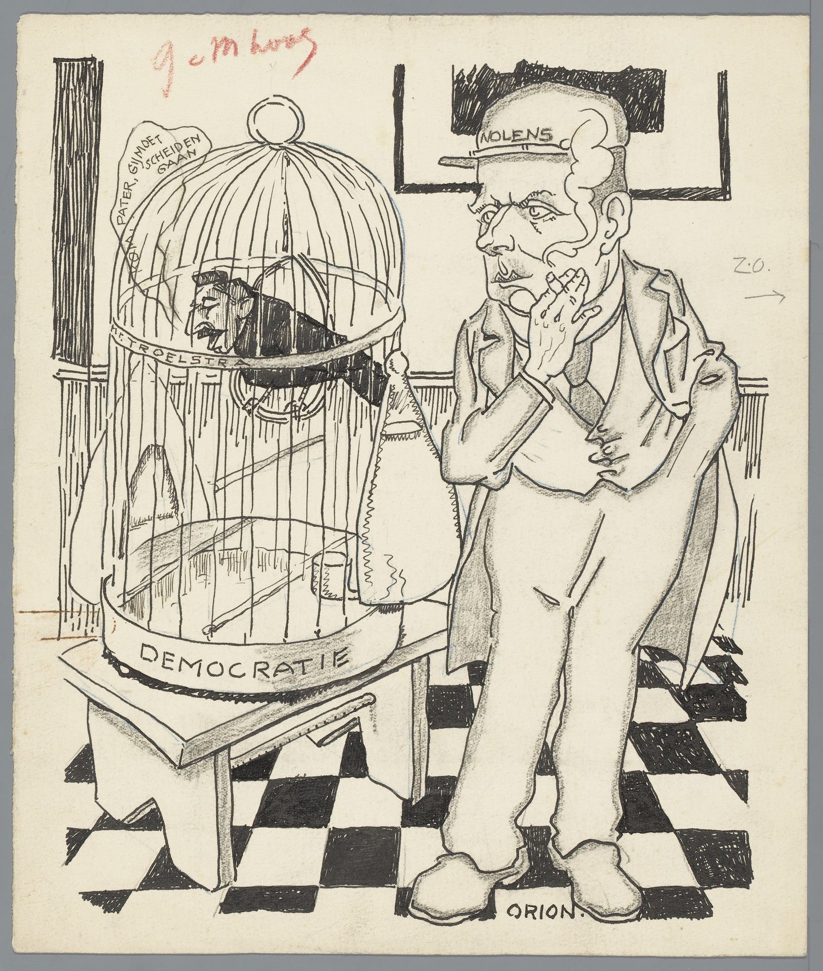 Nolens met Troelstra als een vogel in een kooi by Patricq Kroon