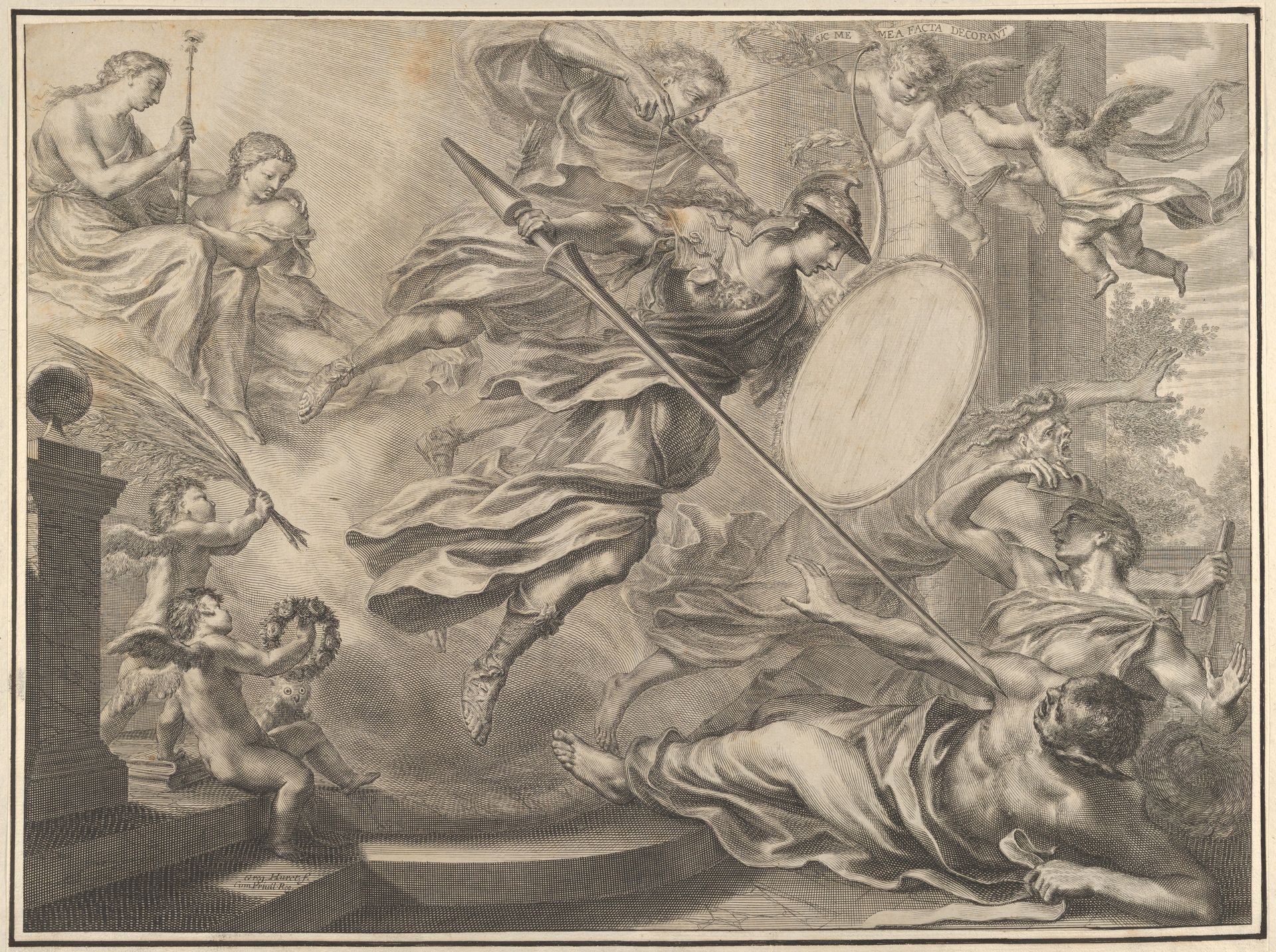 Minerva armed with a shield and lance attacking three nearly prone figures by Grégoire Huret