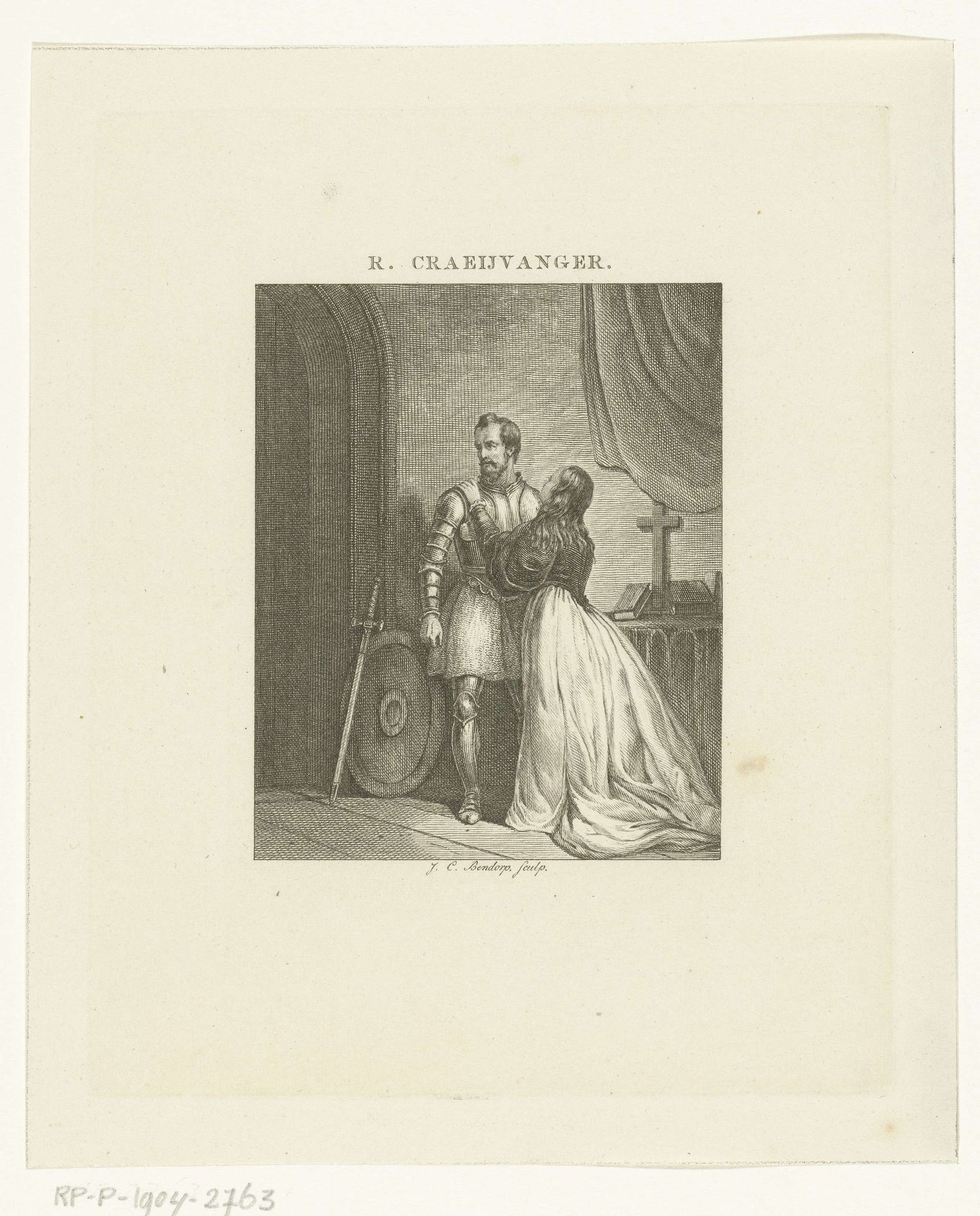 Vrouw neemt afscheid van soldaat by Johannes Christiaan Bendorp