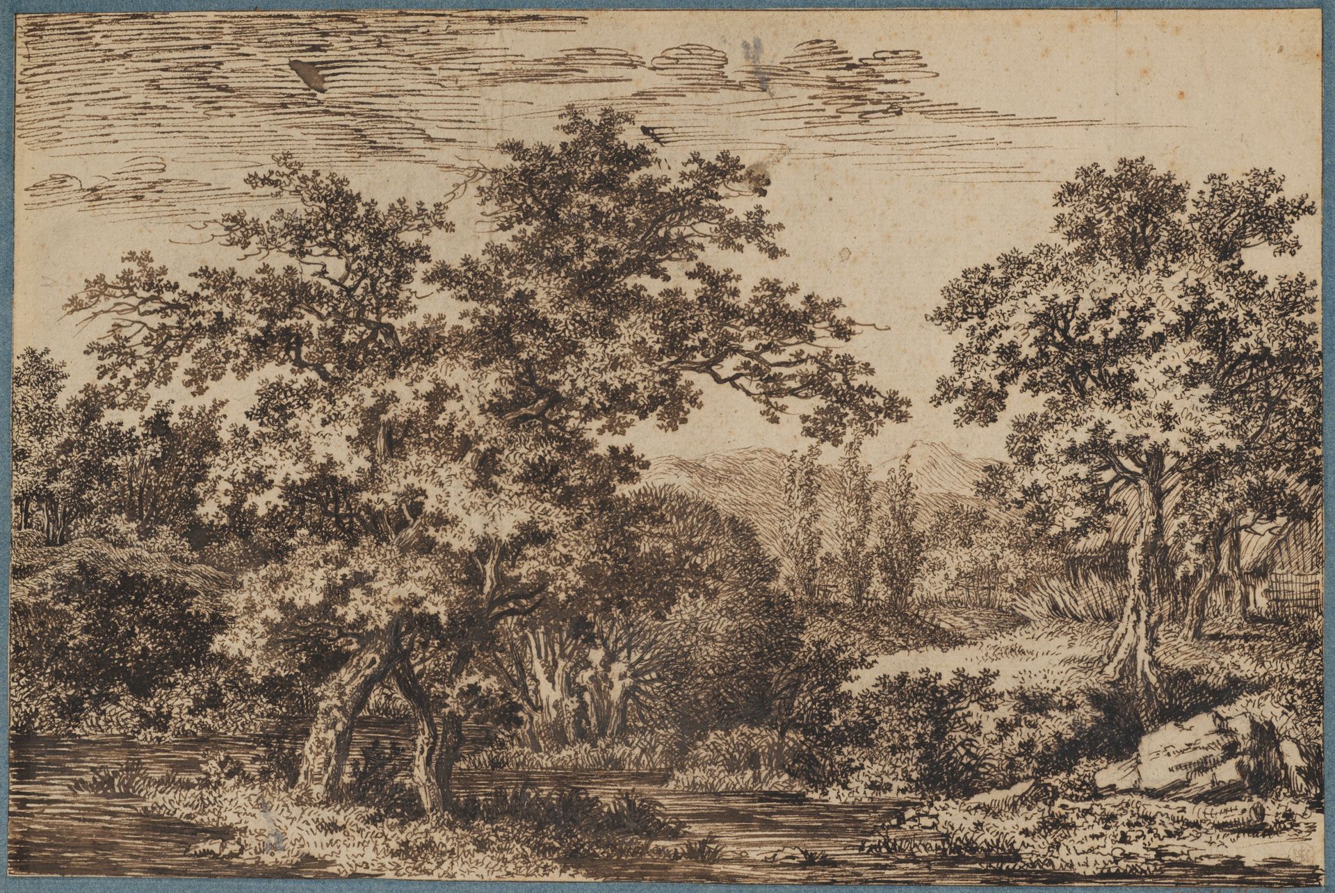 Landscape; a small island with two trees surrounded by water on the left; a tree by a cottage on the right by Carl Wilhelm Kolbe