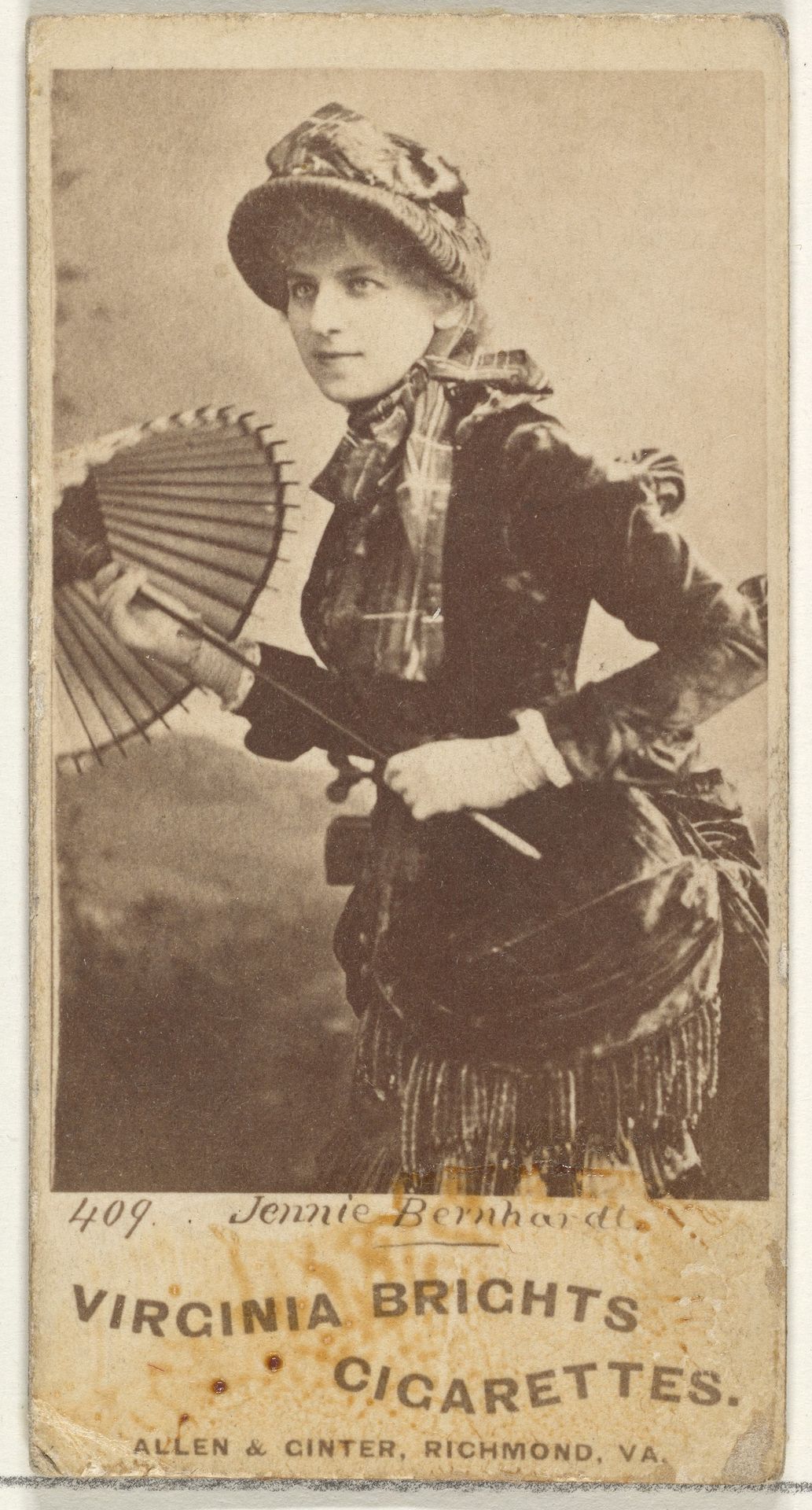 Card 409, Jennie Bernhardt, from the Actors and Actresses series (N45, Type 1) for Virginia Brights Cigarettes by Allen & Ginter
