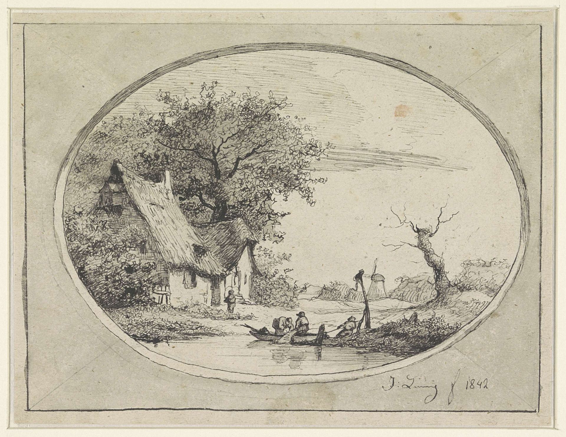 Landschap bij Cruybeke met figuren in een boot voor een boerderij by Jean Théodore Joseph Linnig