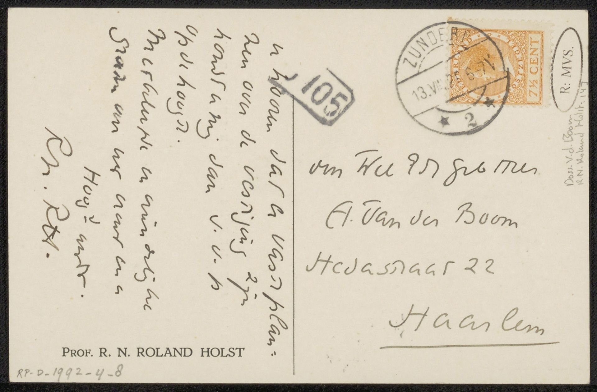 Prentbriefkaart aan A. van der Boom by Richard Nicolaüs Roland Holst