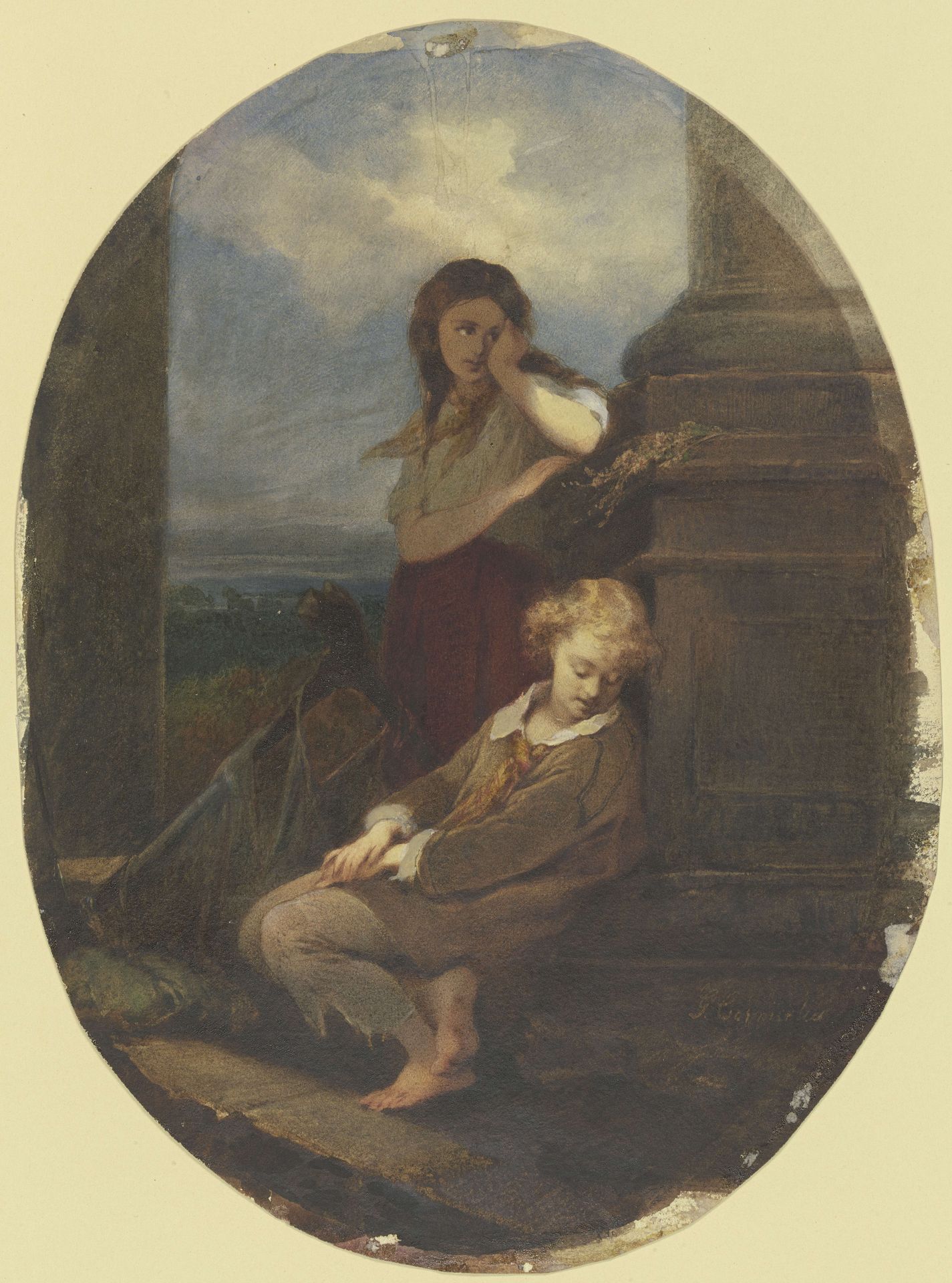 Zwei sitzende Kinder mit Harfe by Georg Cornicelius