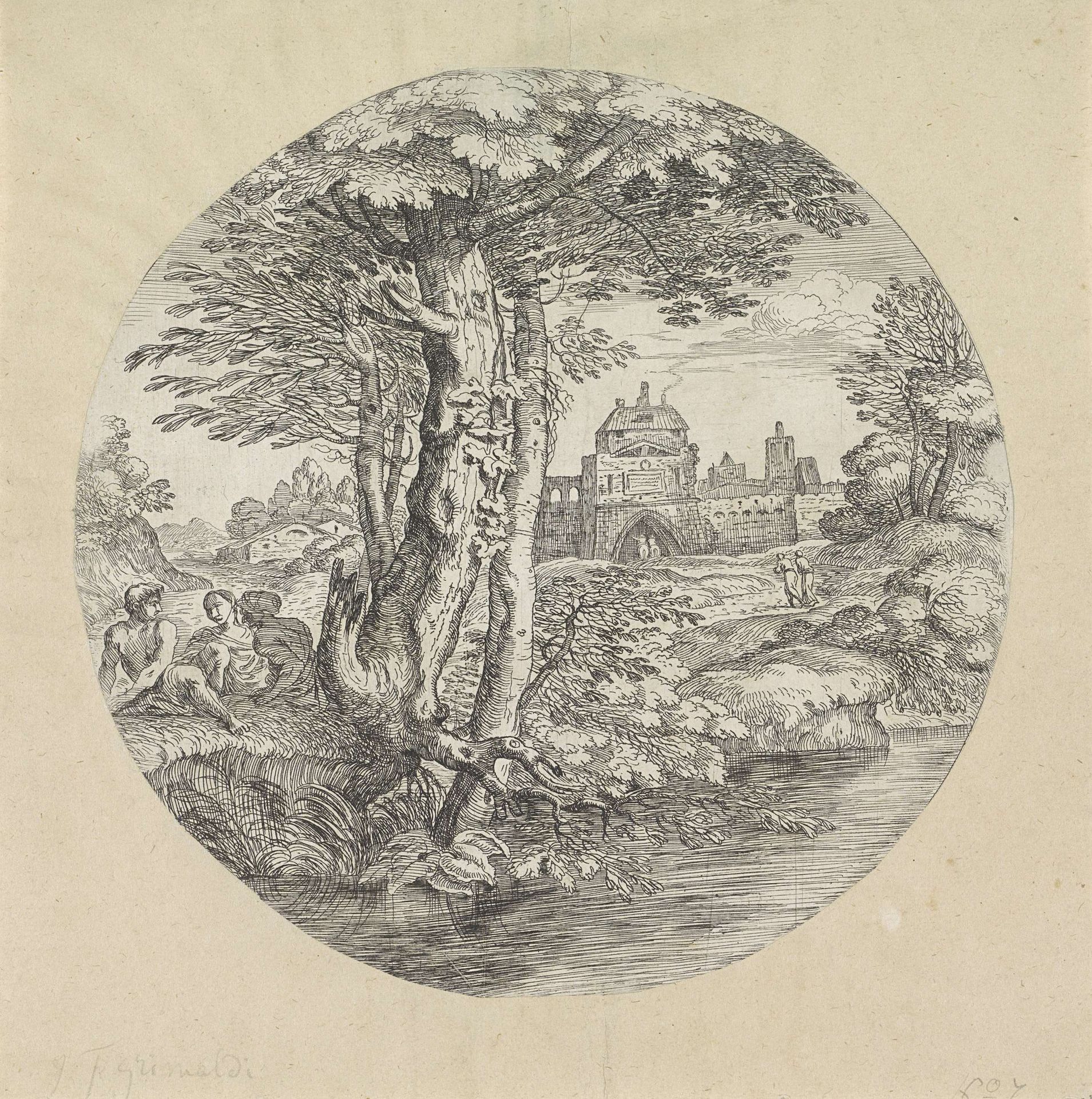 Landschap met twee ruiters die een fort binnengaan by Giovanni Francesco Grimaldi