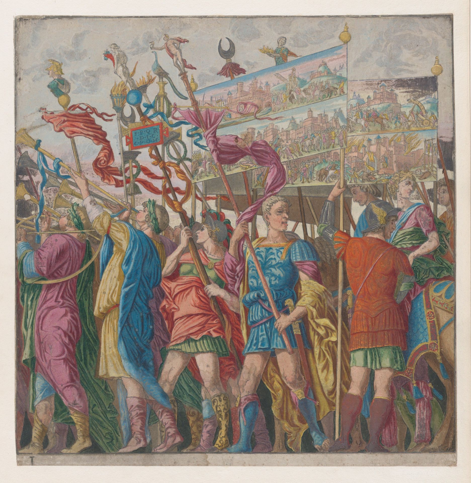Sheet 1: Soldiers carrying banners depicting Julius Caesar's triumphant military exploits, from "The Triumph of Julius Caesar" by Andrea Andreani
