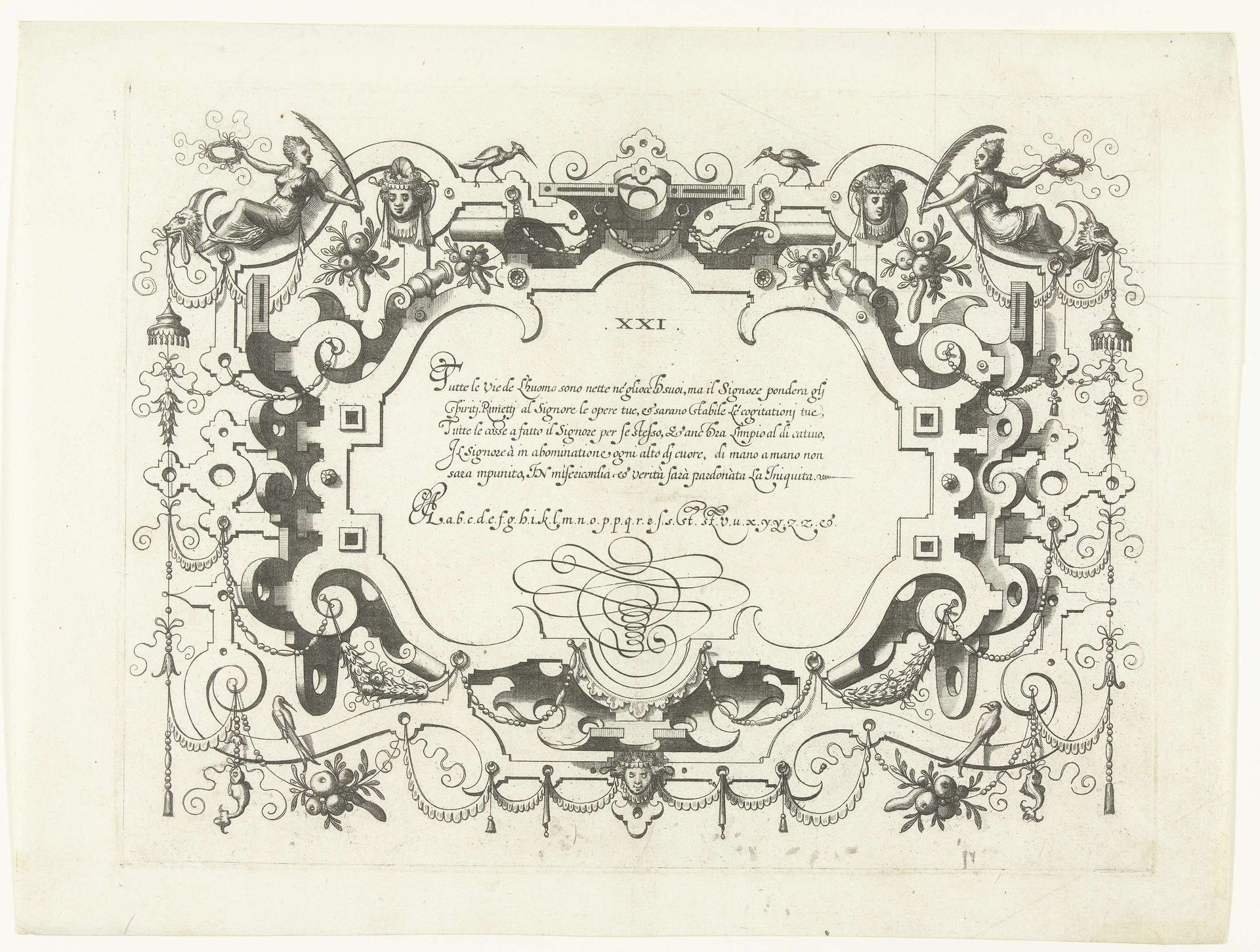 Cartouche met kalligrafie, links- en rechtsboven een vrouw met een palmtak en een zegekrans by Johannes of Lucas van Doetechum