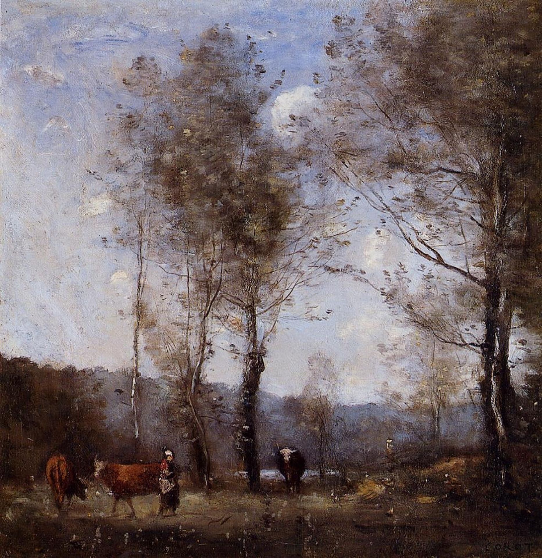 Ville d'Avray, Cowherd in a Clearing near a Pond by Camille Corot