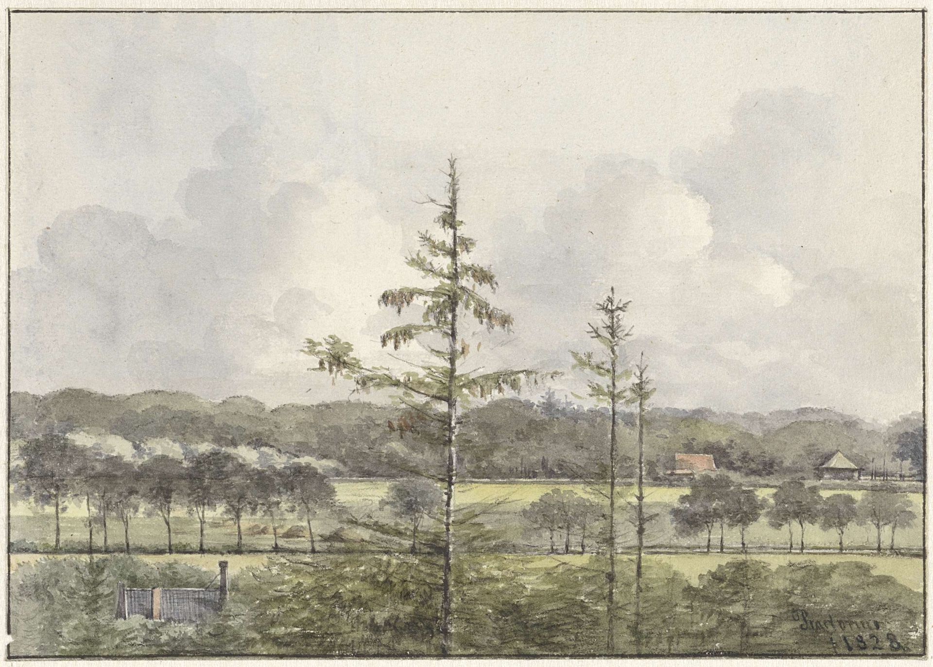 Vergezicht van weilanden met boerderijen by Pieter Ernst Hendrik Praetorius
