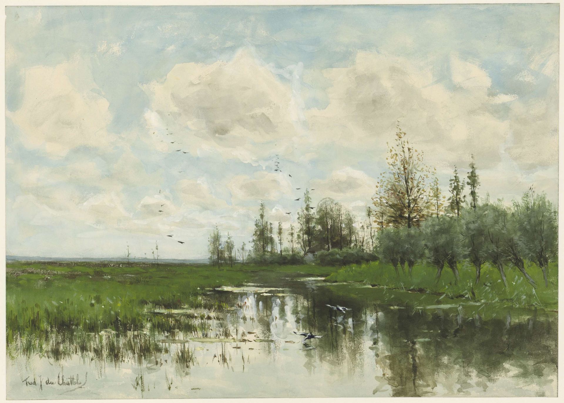 Poel met bomen en weiland by Fredericus Jacobus van Rossum du Chattel