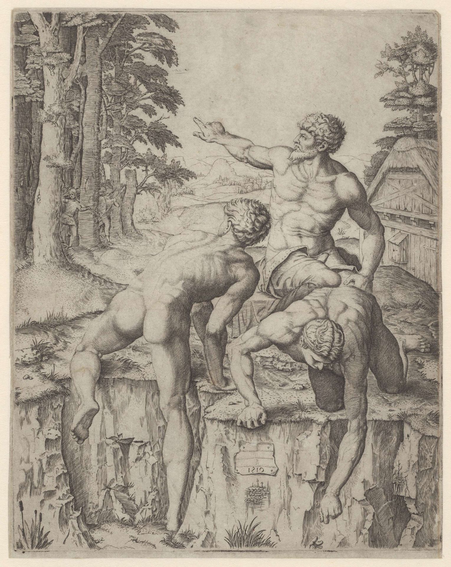 Drie naakte mannen in landschap by Marcantonio Raimondi