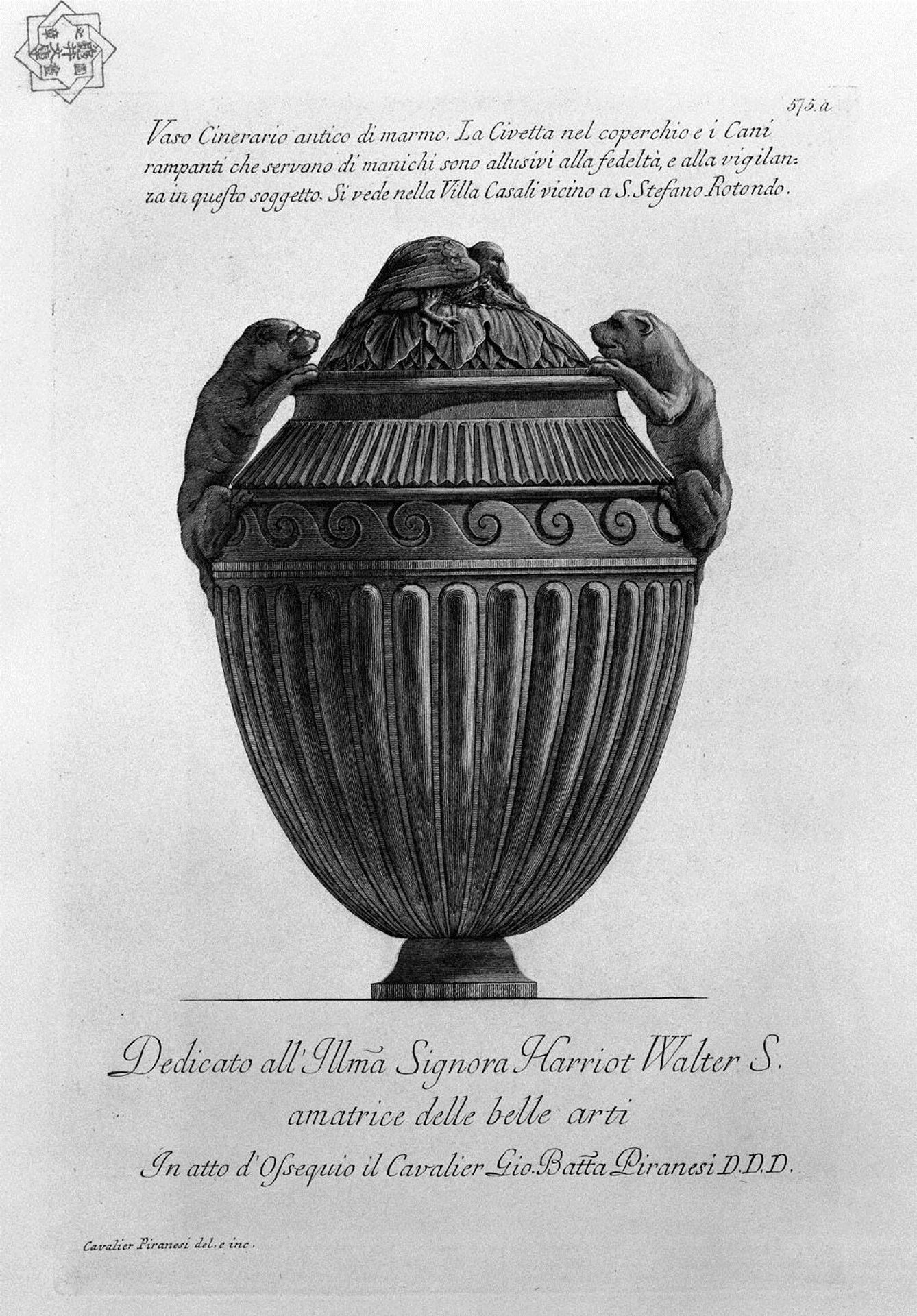 Ancient marble urn vase with dogs and an owl flying buttresses, ribbed by Giovanni Battista Piranesi
