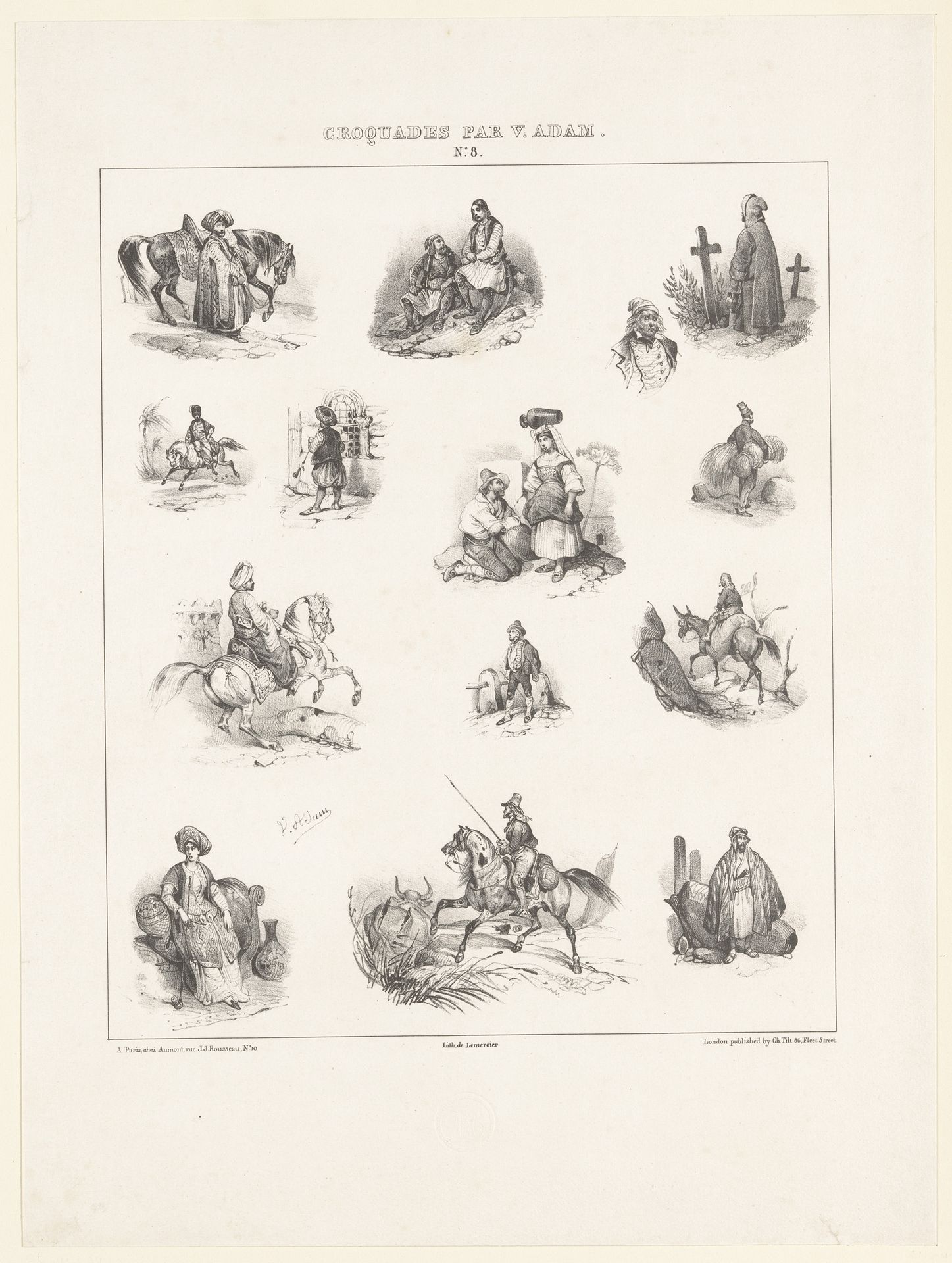 Veertien voorstellingen met diverse oosterse figuren en dieren by Victor Adam