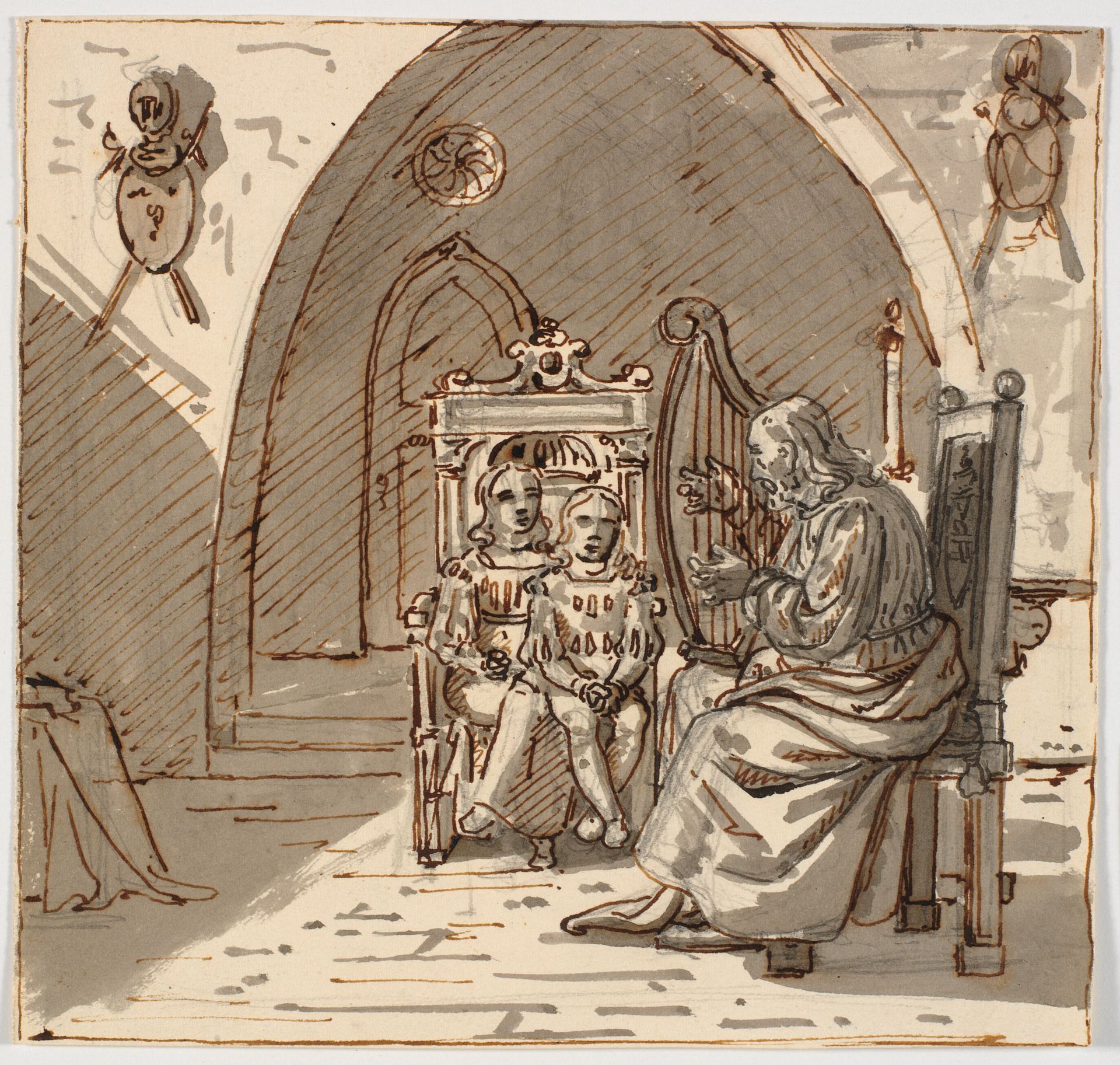 "Gotisk" scene. En skjald spiller harpe for to børn i en tronstol by Martinus Rørbye