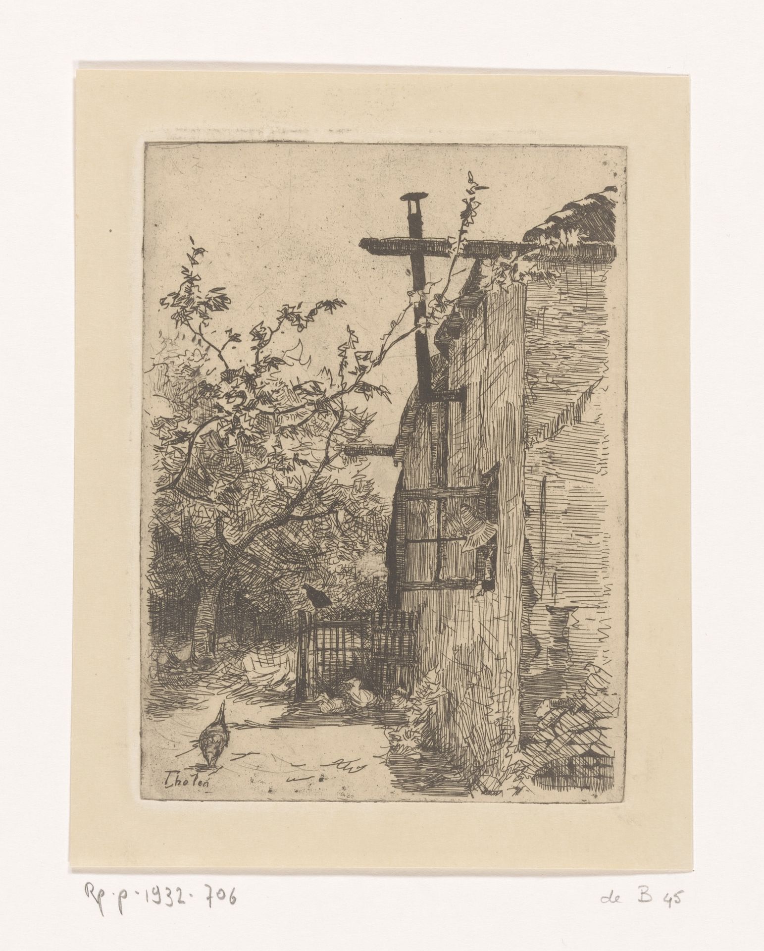 Huis met openstaand raam, met vogels en fruitboom by Willem Bastiaan Tholen
