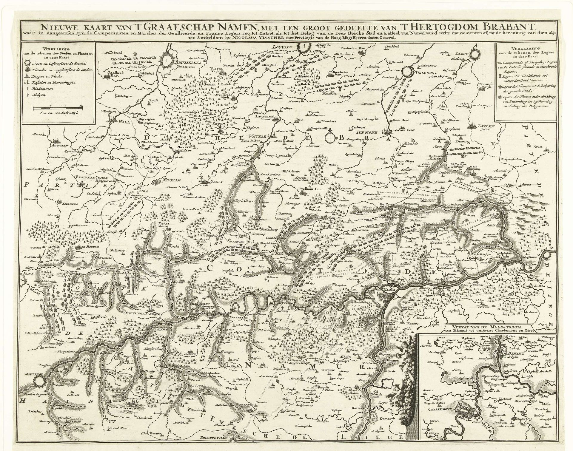 Kaart van het graafschap Namen met de posities van de Geallieerde en Franse legers, 1692 by Anonymous