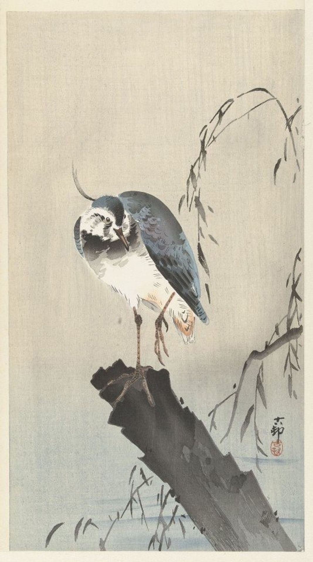 Lapwing on tree stump by Ohara Koson