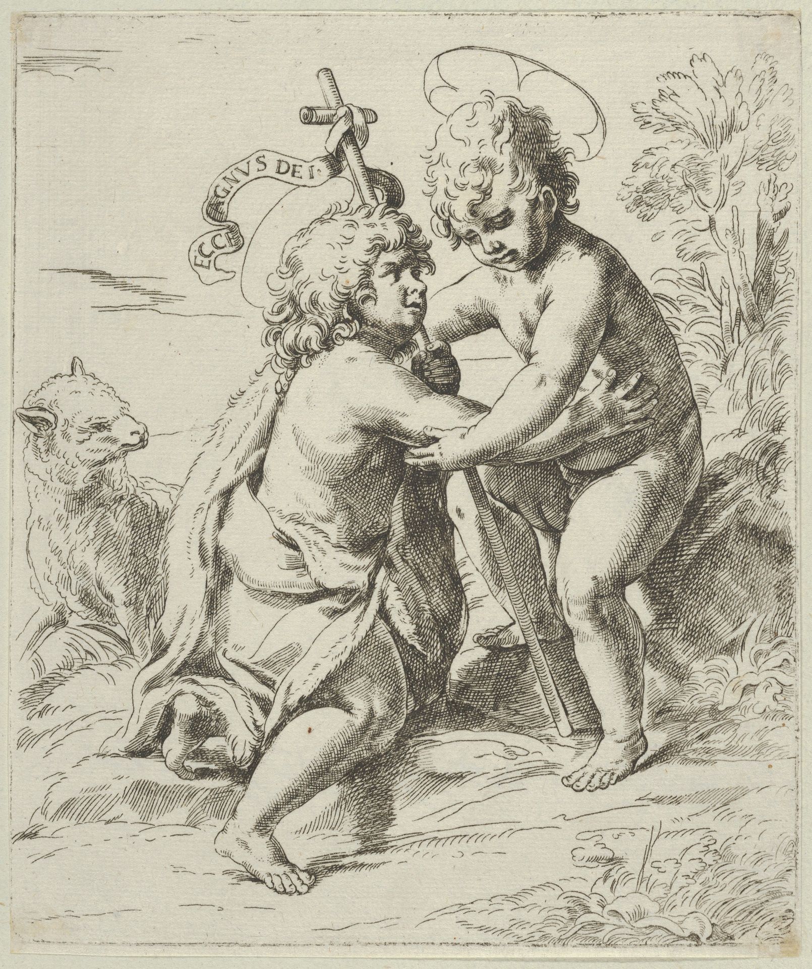 The young Saint John the Baptist kneeling before the young Christ who embraces him, a lamb at left, after Reni by Anonymous