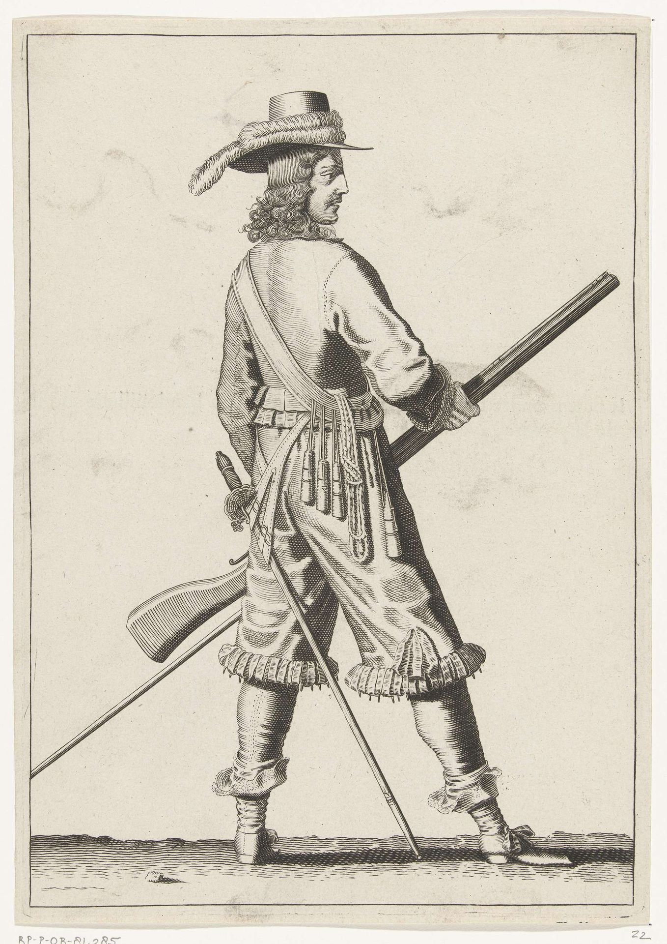Soldaat die zijn musket met beide handen bij zijn linkerdijbeen vasthoudt, ca. 1645 by Petrus Rucholle