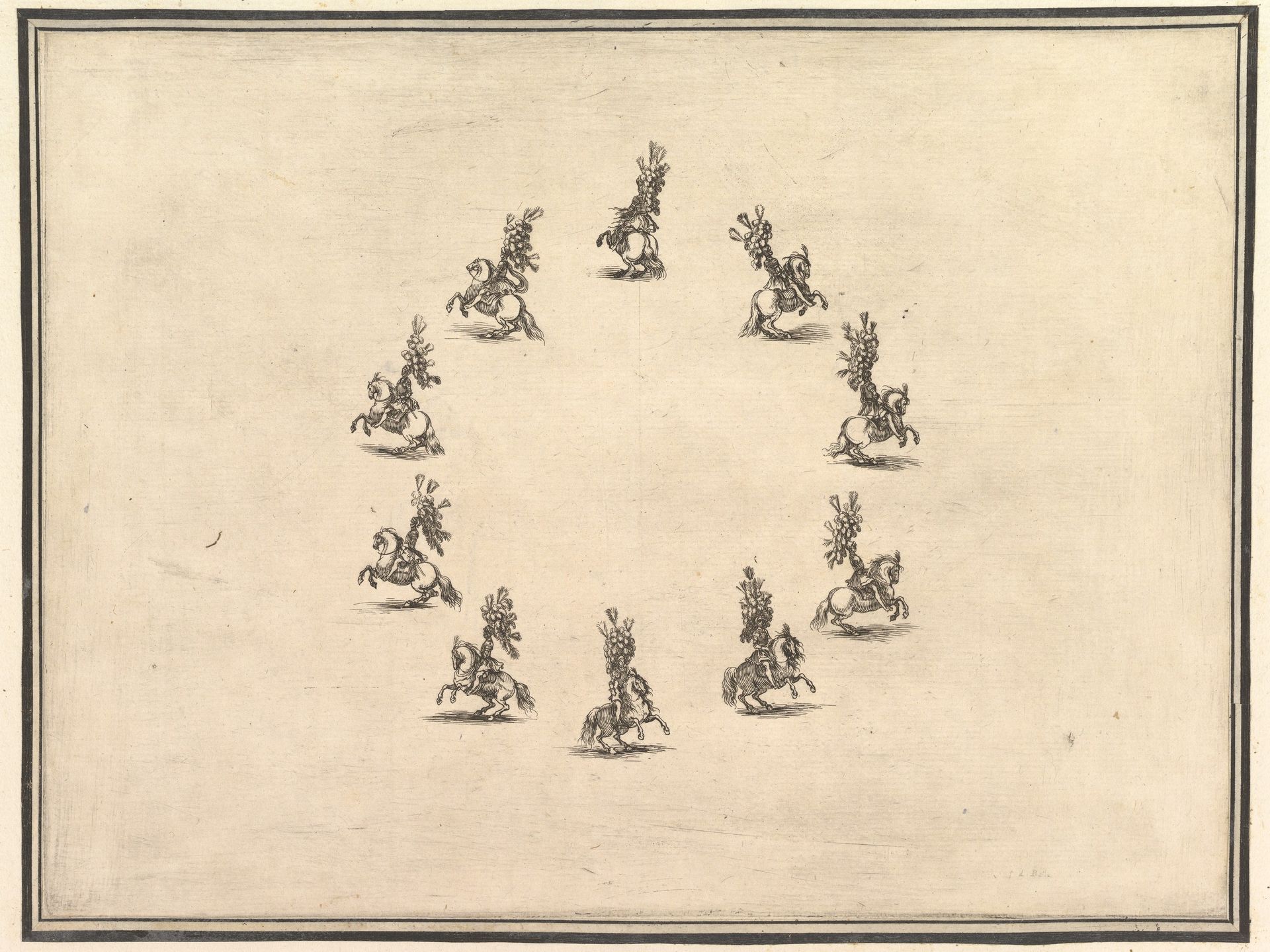 Six riders forming a circle, from "La gara delle Stagioni" by Stefano della Bella