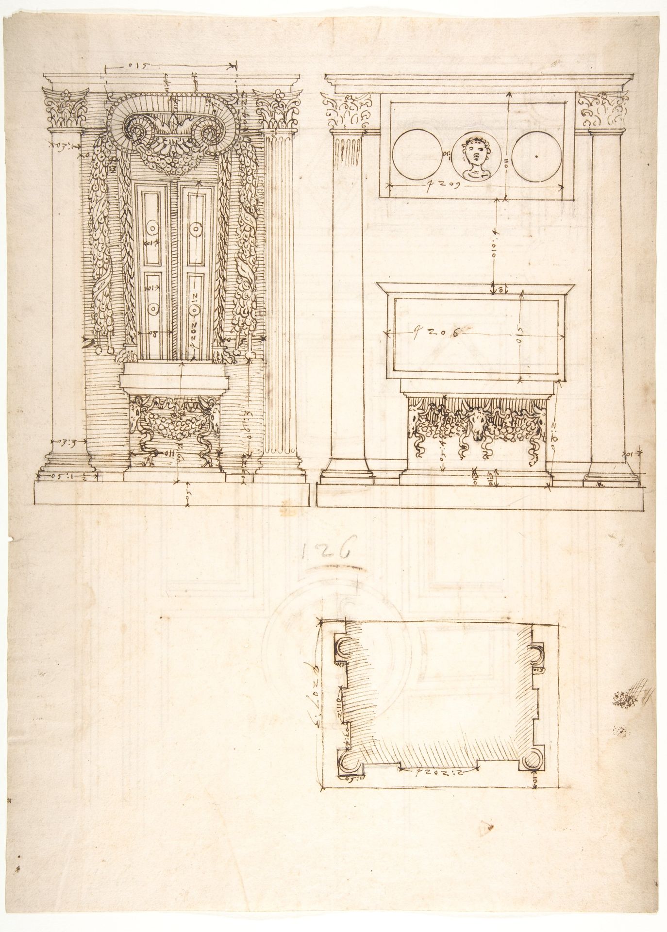 Unidentified, funerary altar, plan and elevations (recto) S. Giovanni Laterano, Oratorio della Santa Croce, paneling, elevation (verso) by Anonymous