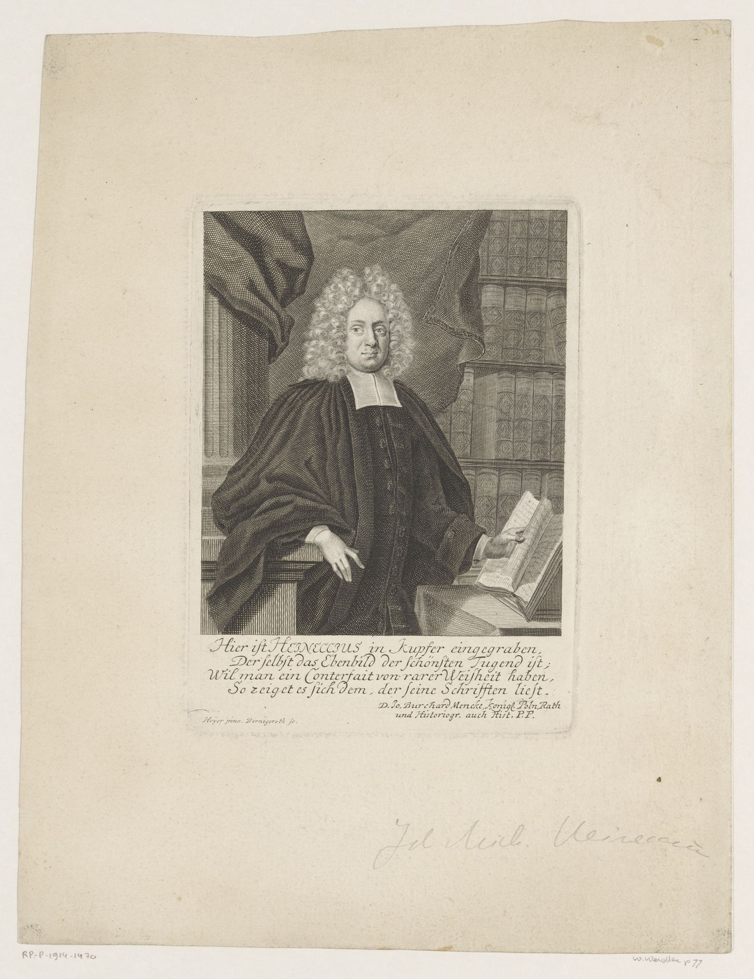 Portret van Johann Michael Heineccius by Martin Bernigeroth