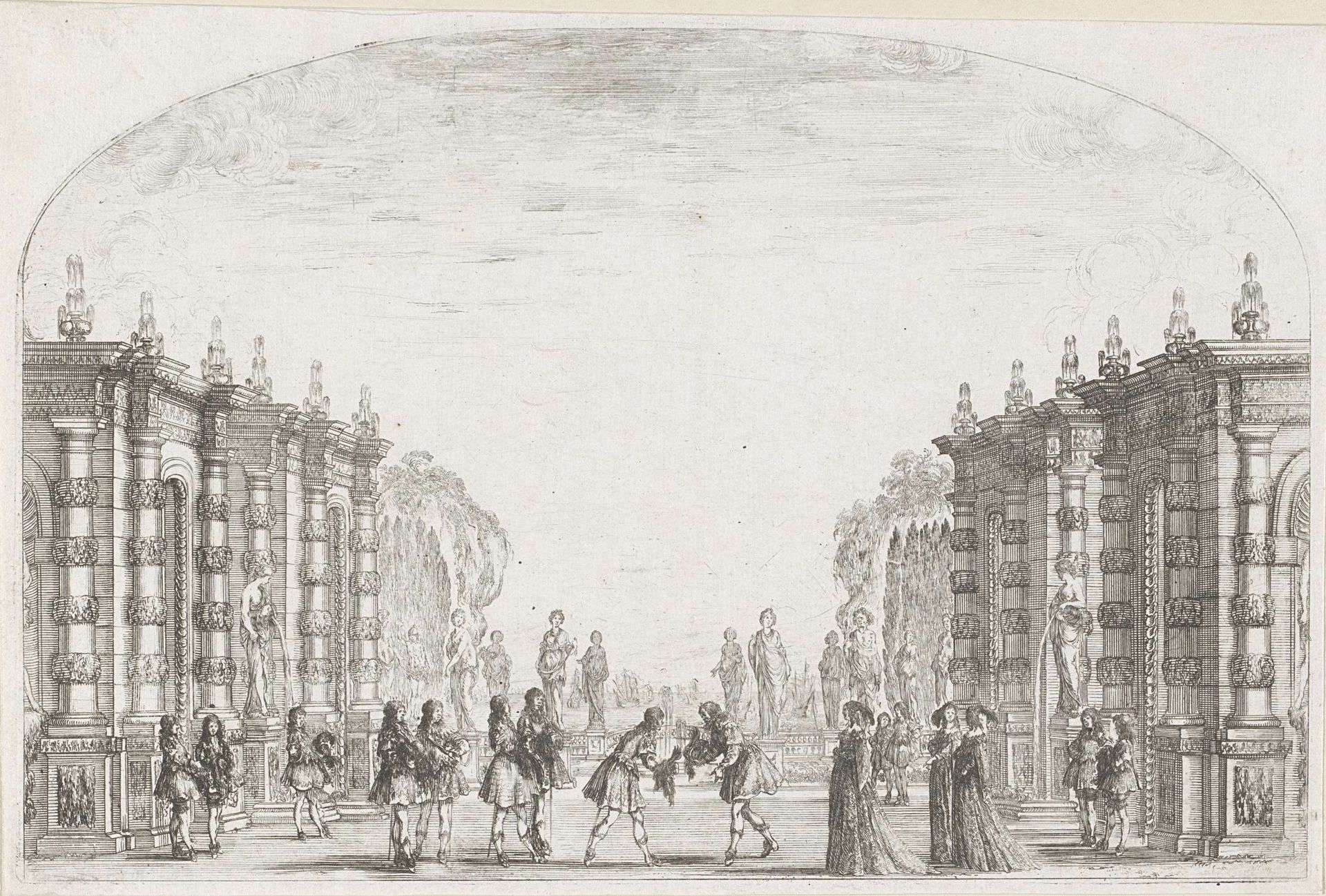 Vierde acte van 'Mirame' met zestien acteurs by Stefano della Bella