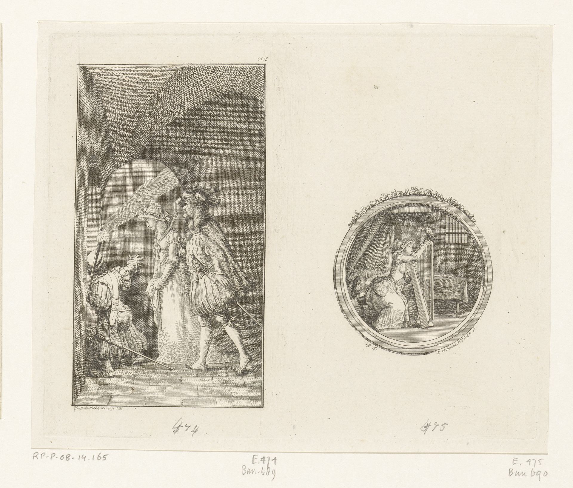 Morgus en Karly en vignet met Karly en Fragel's valk by Daniel Nikolaus Chodowiecki