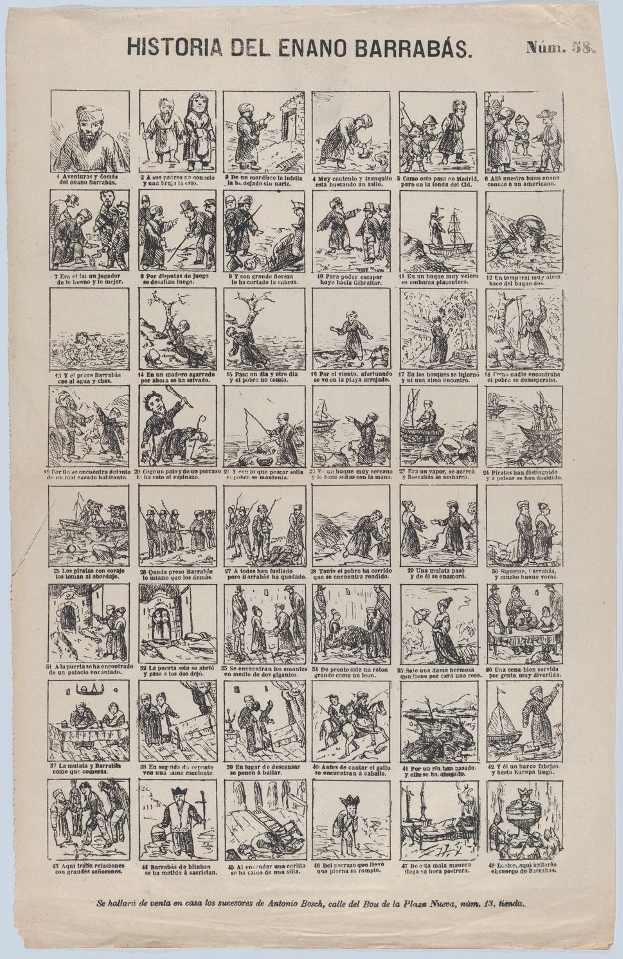 Broadside with 48 scenes depicting the story of the Dwarf Barrabás by Antonio Bosch