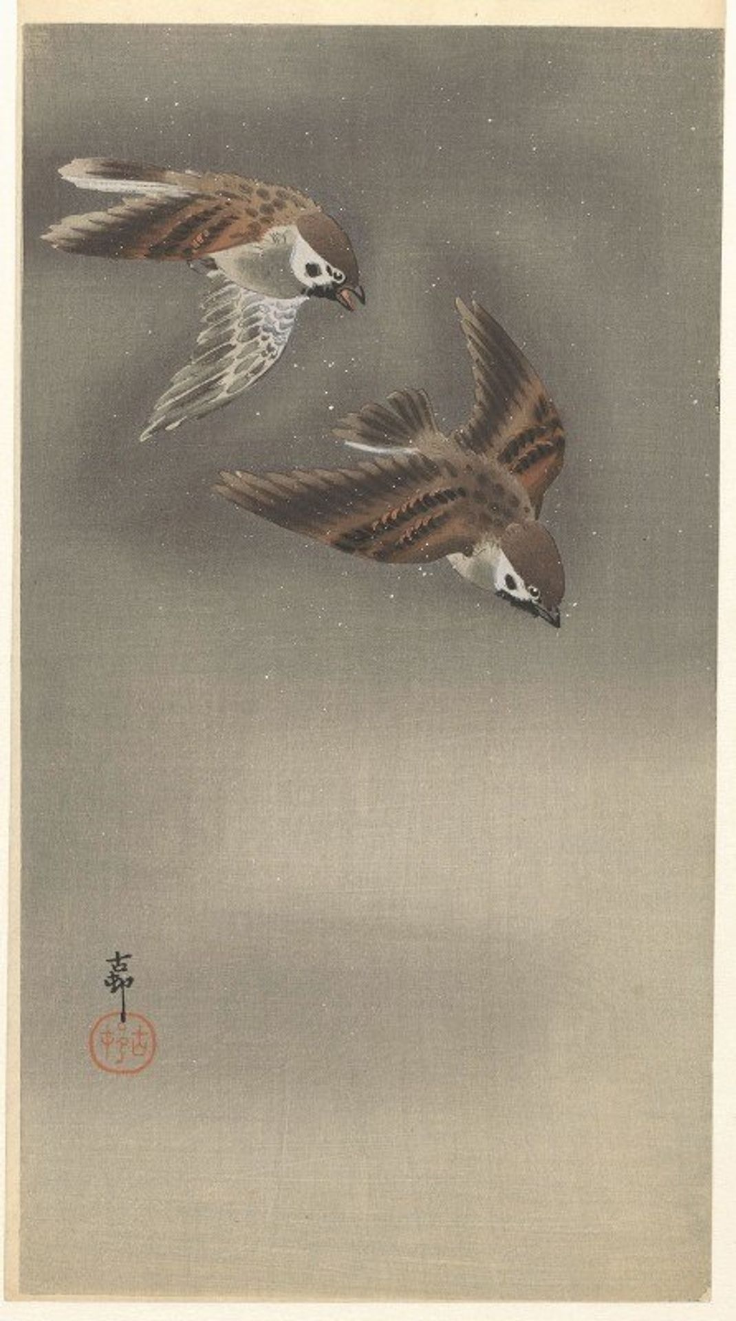Ring sparrows in snow by Ohara Koson