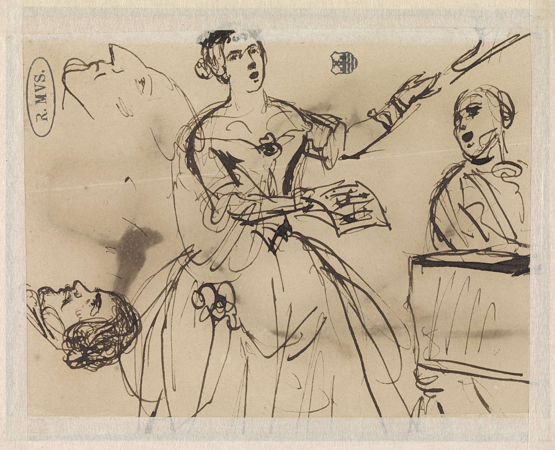 Schets van een zangeres die aan de piano wordt begeleid. by David Bles