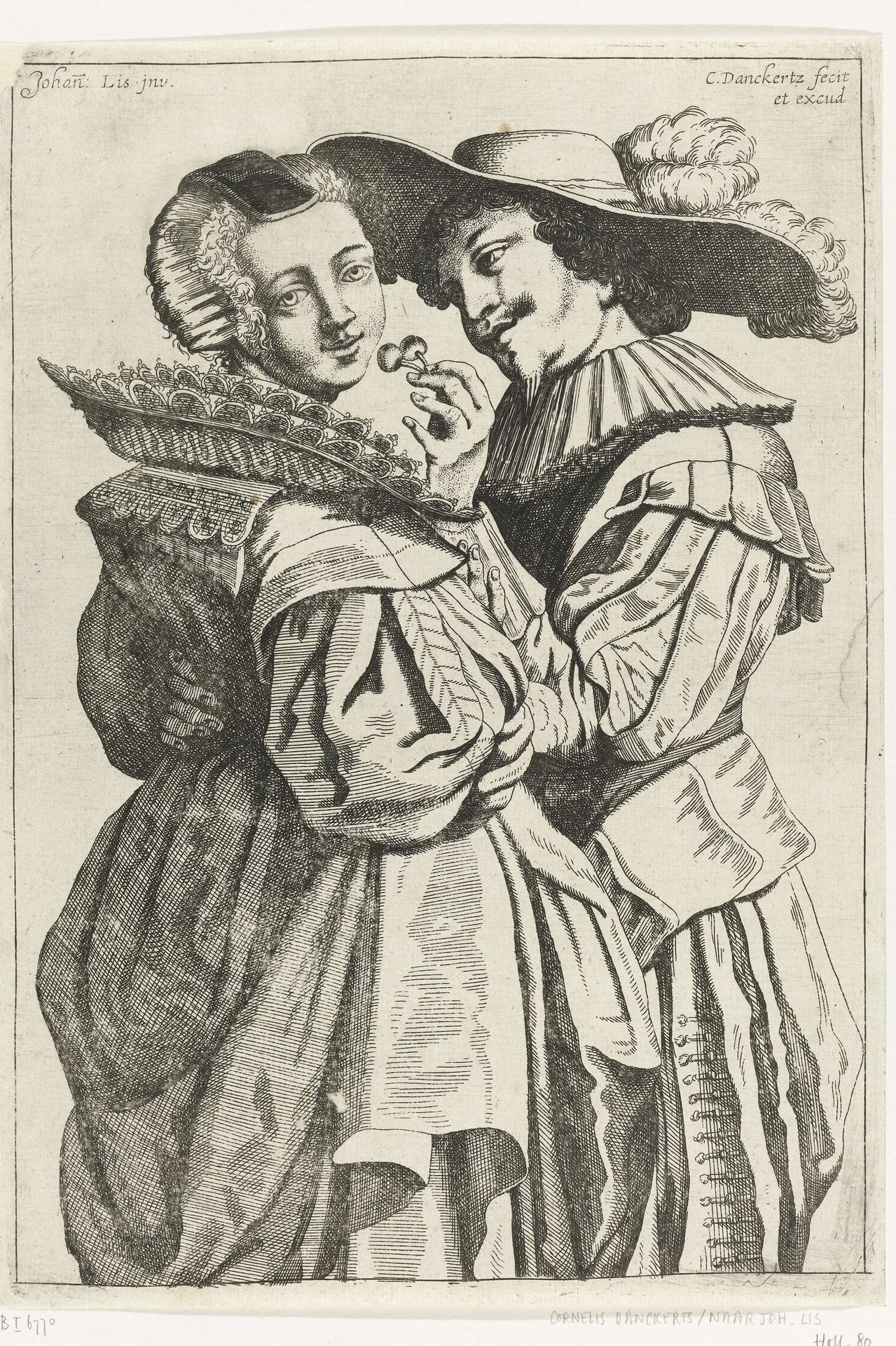 Elegant paar met trosje kersen by Cornelis (I) Danckerts