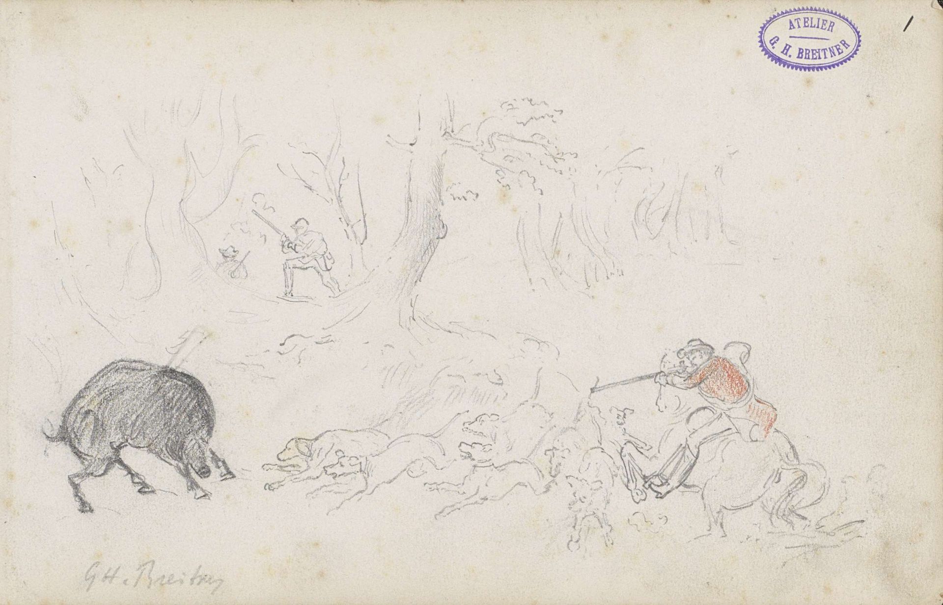 Wildezwijnenjacht in een bos by George Hendrik Breitner