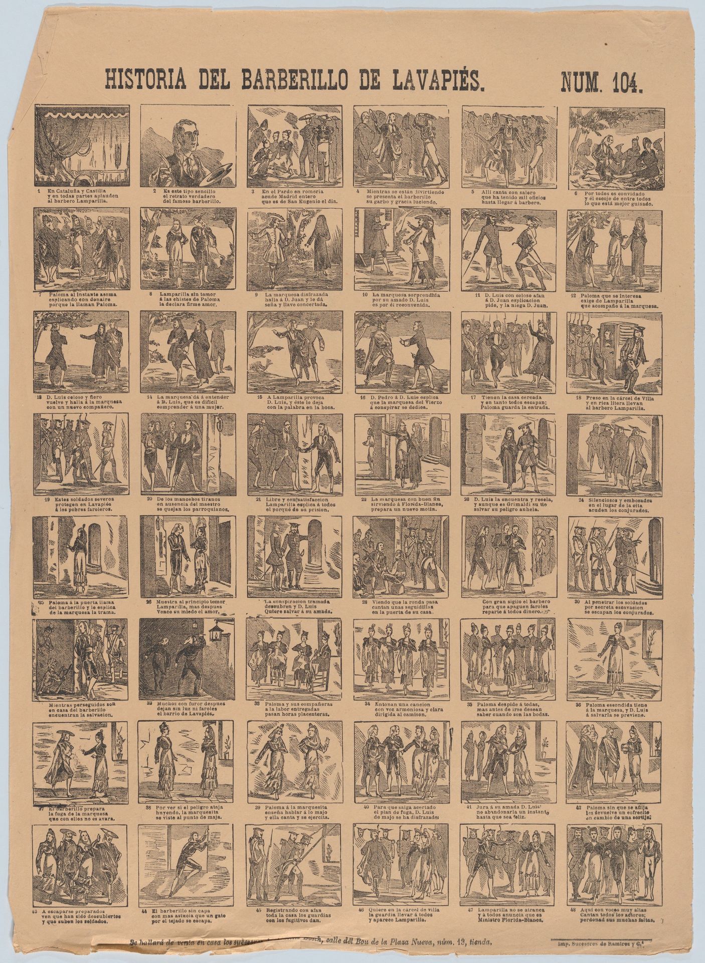 Broadside with 48 scenes relating to the zarzuela barberillo of Lavapiés by Antonio Bosch
