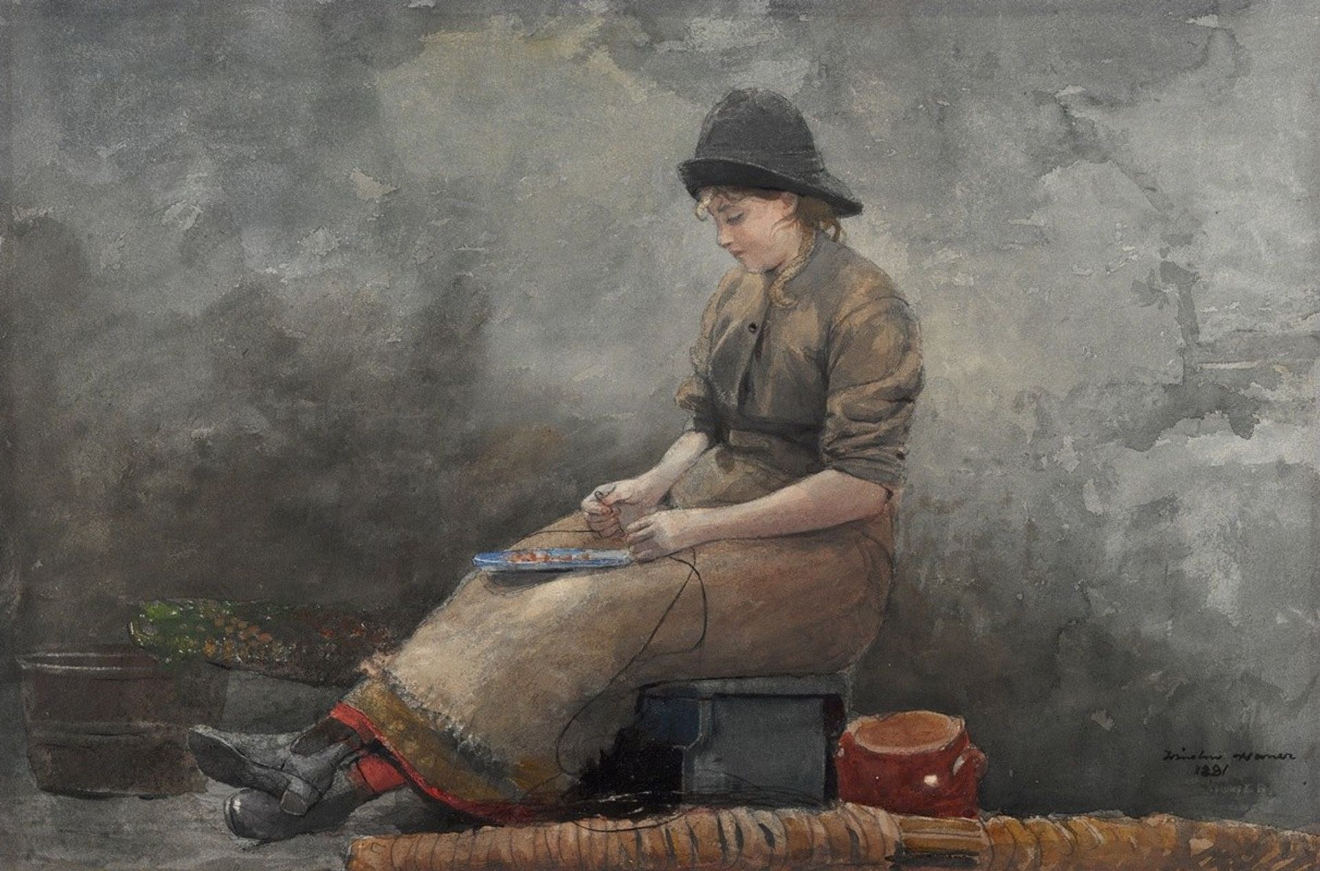 A Fishergirl Baiting Lines by Winslow Homer