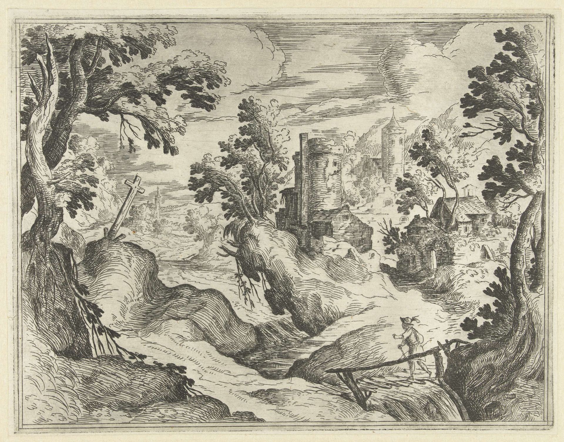 Landschap met ruïne en wandelaar by Paul Bril