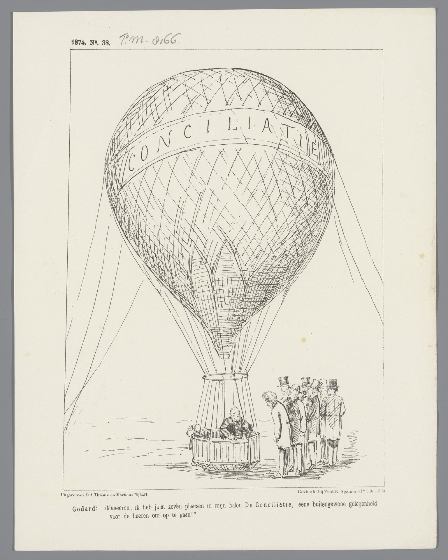 Spotprent waarin de ballonvaarder Godard met ministerie Heemskerk uitnodigt om mee te varen in zijn ballon 'Conciliatie', 1874 by Johan Michaël Schmidt Crans