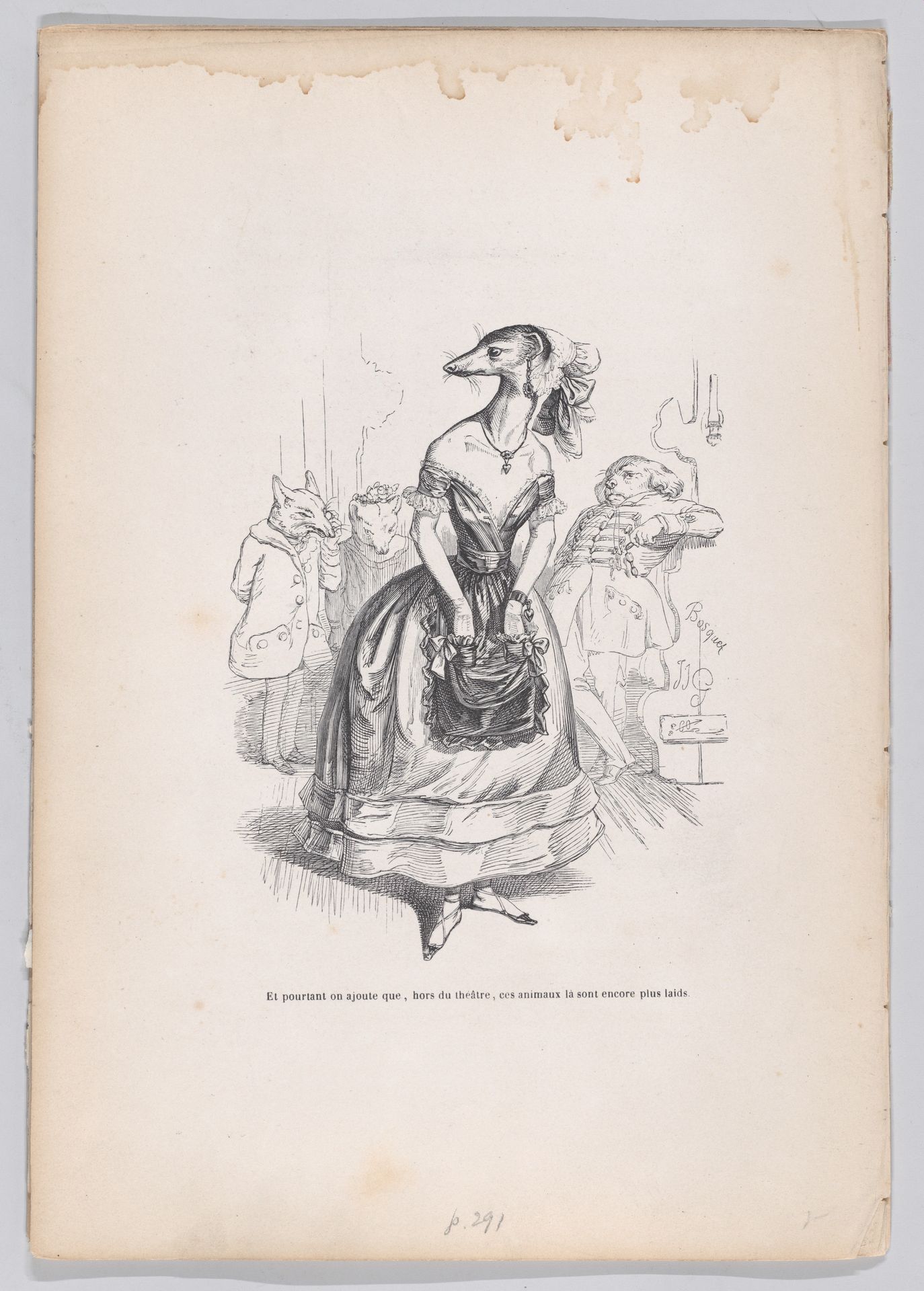 "And yet we add that, outside the theater, these animals are even more ugly" from Scenes from the Private and Public Life of Animals by J. J. Grandville