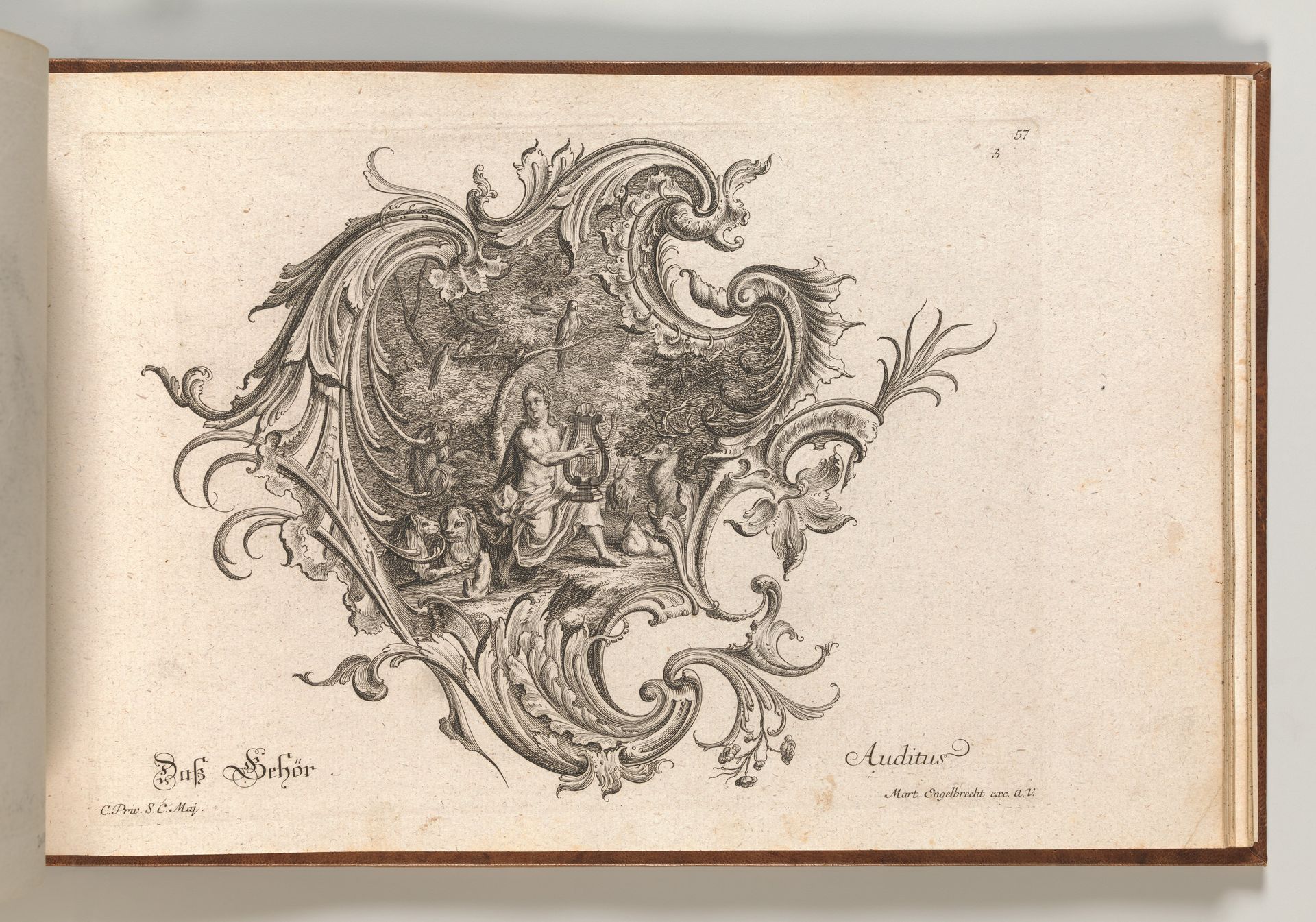 Design for a Cartouche and Representation of 'Hearing', Plate 3 from 'Neu Inventierte auf die artigste Facon Sehr nutzliche Schild.' by Johann Georg Pintz