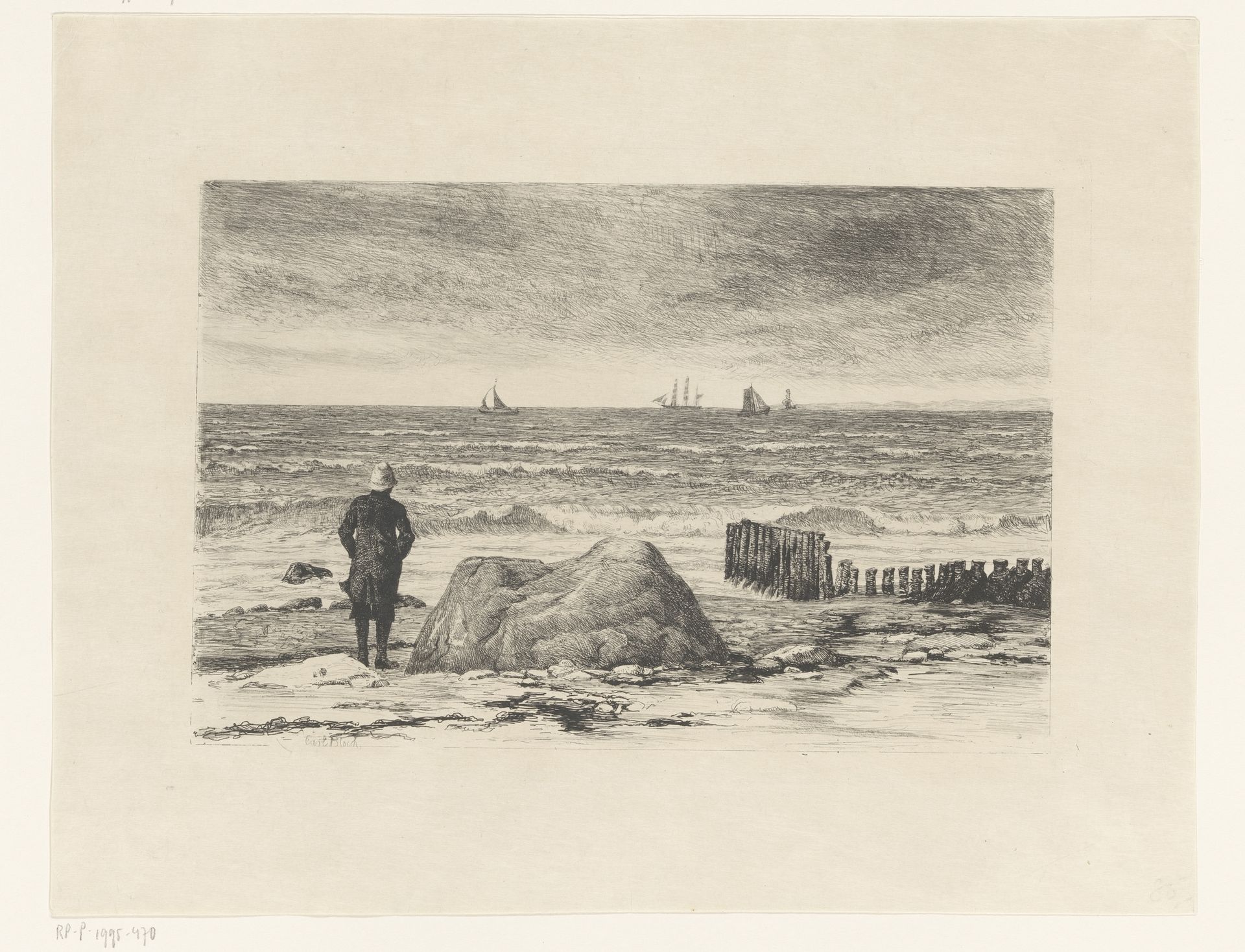 Kustwachter, uitkijkend over woelig water by Carl Bloch