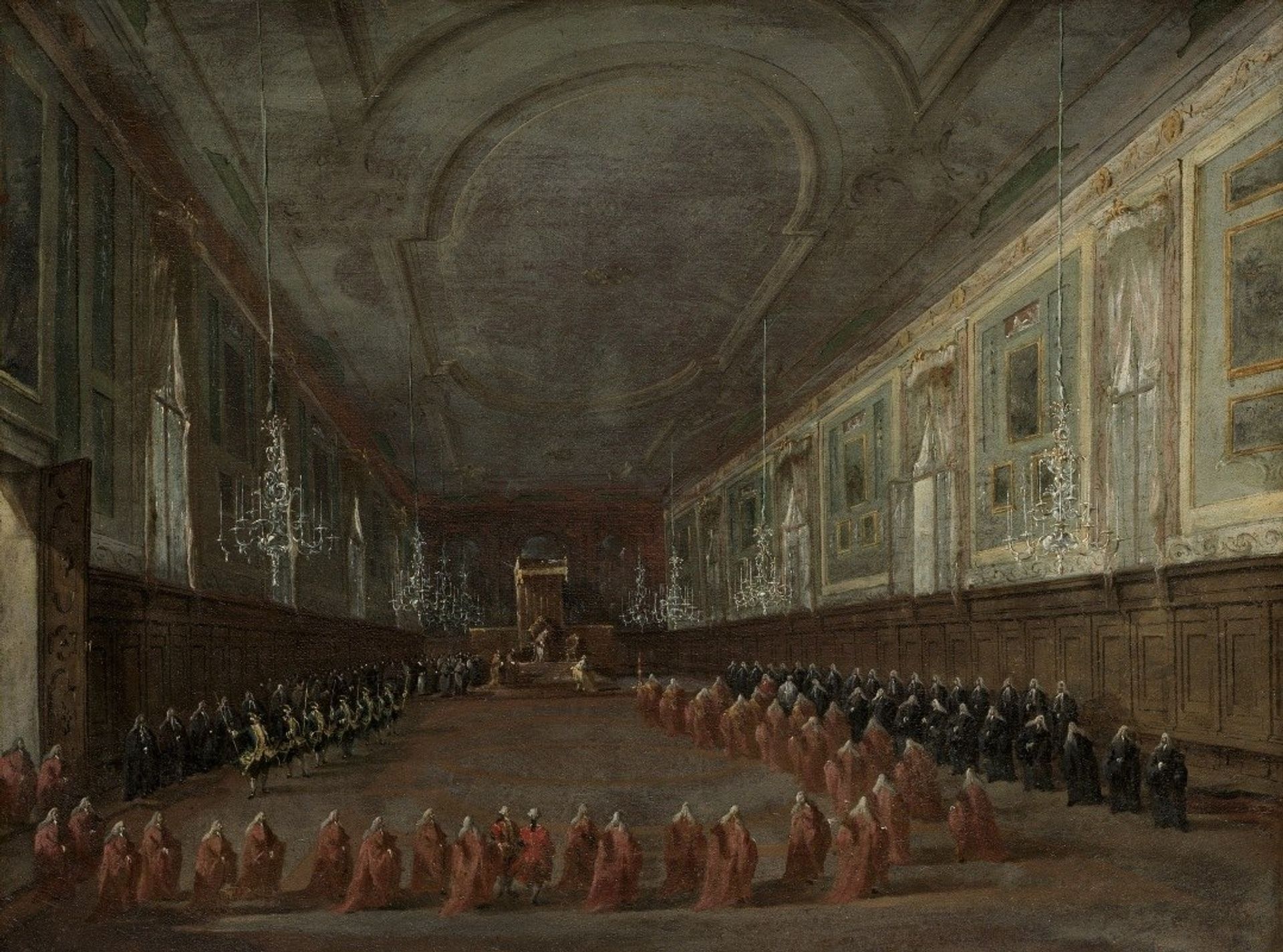 Pope Pius VI Descending the Throne to Take Leave of the Doge in the Hall of SS. Giovanni e Paolo, 1782 by Francesco Guardi