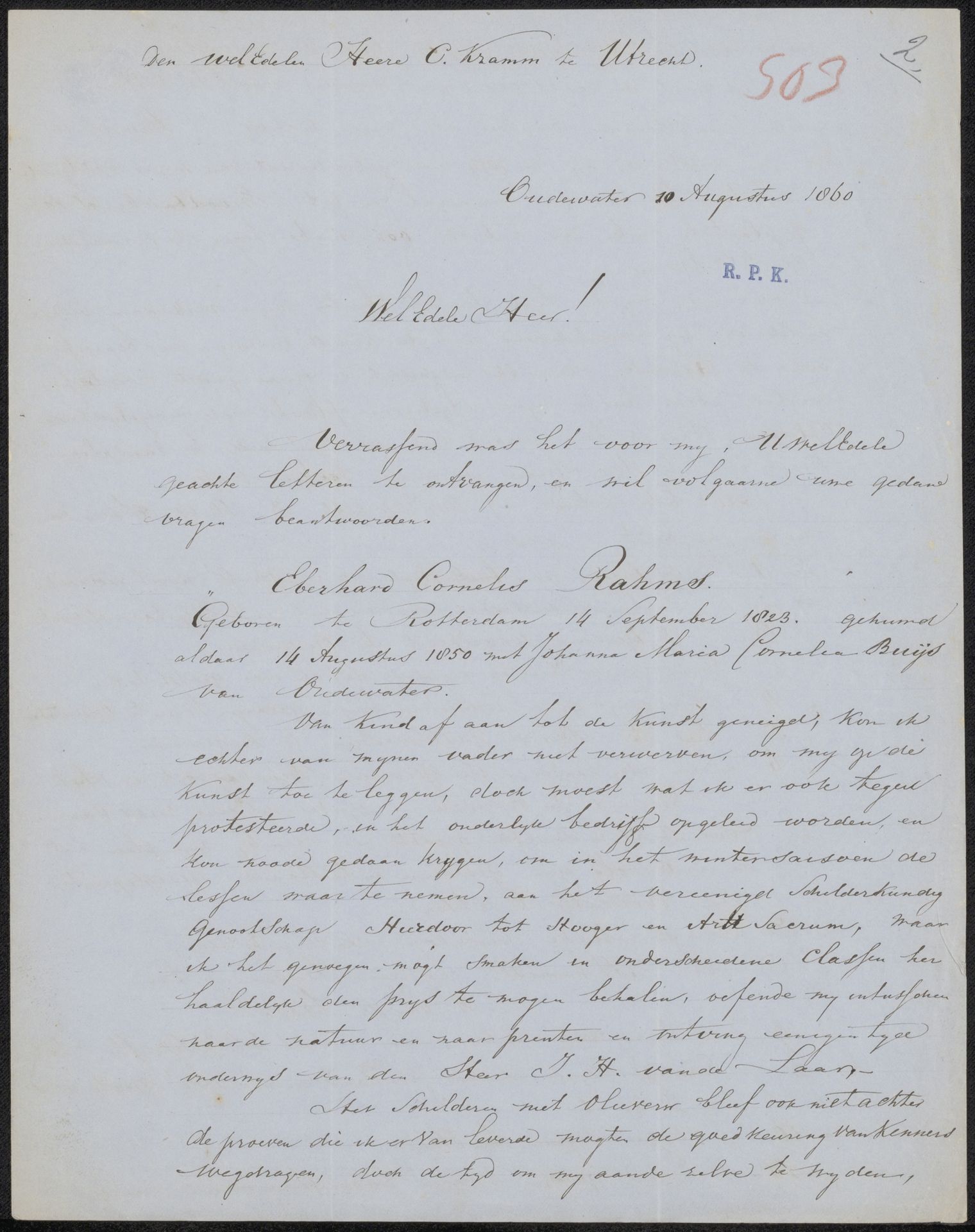 Brief aan Christiaan Kramm by Eberhard Cornelis Rahms